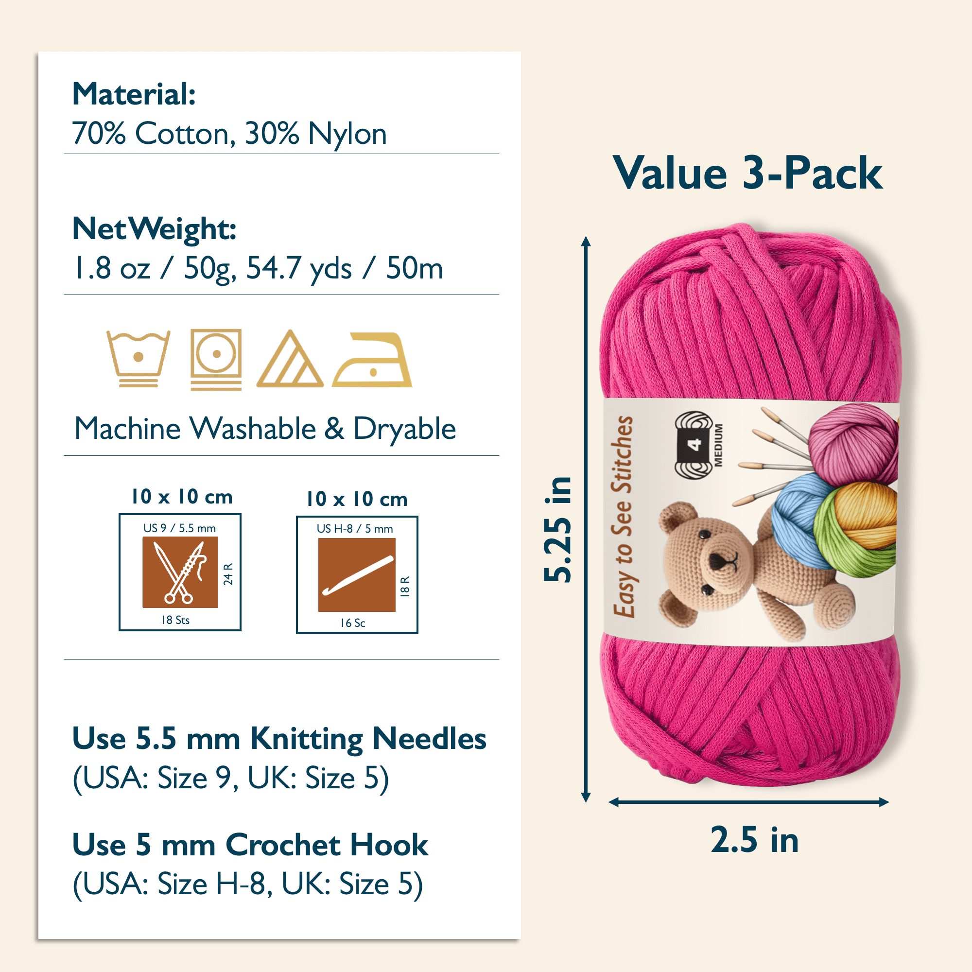ComfiTime Beginner Crochet Yarn for Amigurumi and Knitting (Pink, 3-Pack, 165 Yds Total) 7dmsw