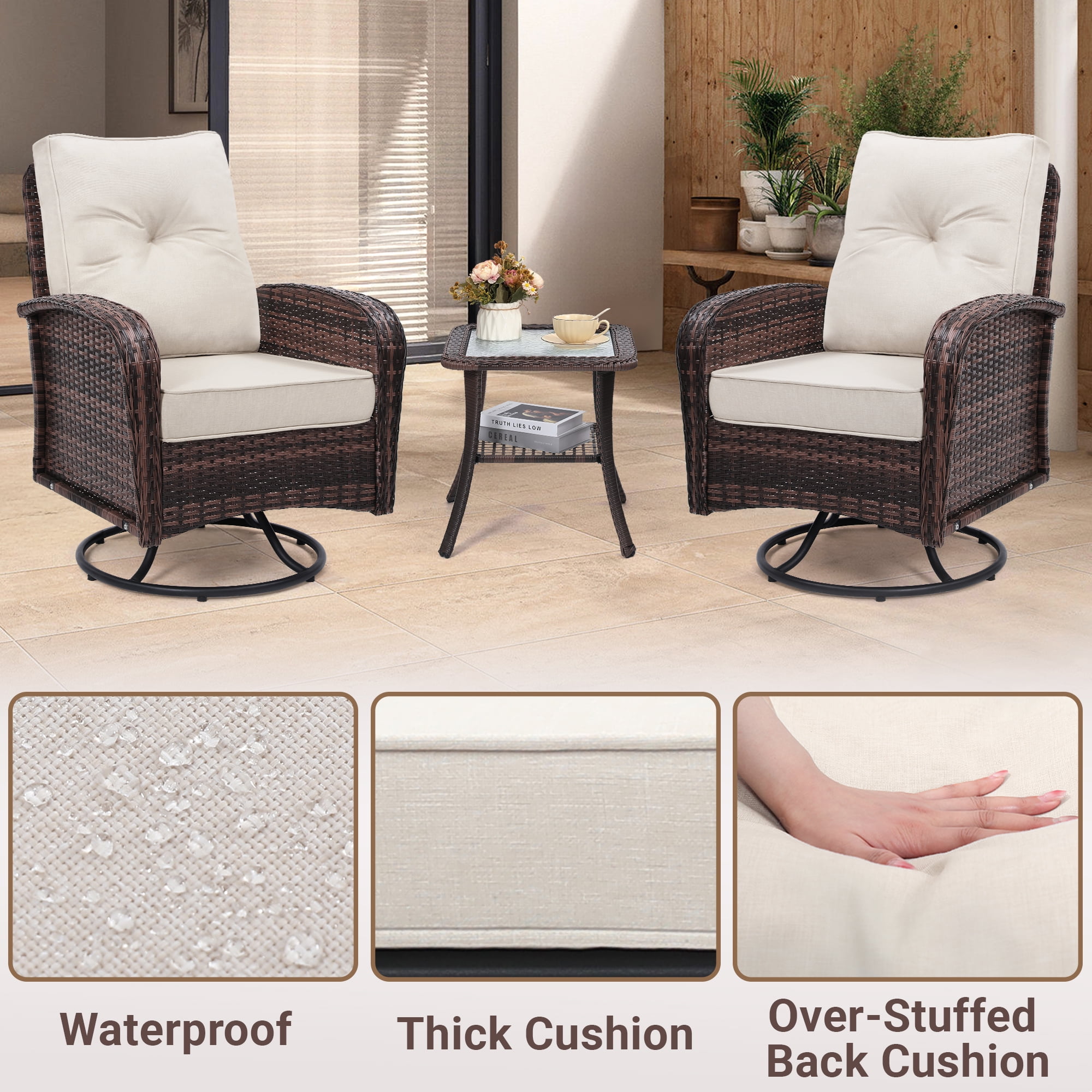 TUAREX Outdoor Patio Swivel Wicker Glider Chair Set with Side Table (Brown Rattan, 3-Piece) 5vel9