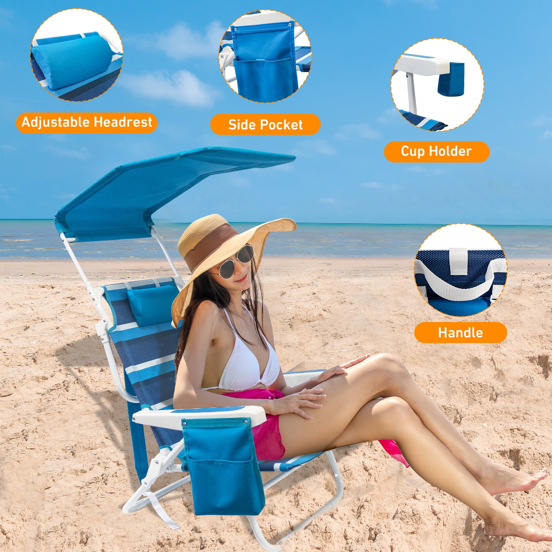 WILDYEE Double Camping Chair Heavy Duty Folding Loveseat with Sun Canopy and Cup Holders (Blue Stripe, 2 Pack) alb5d