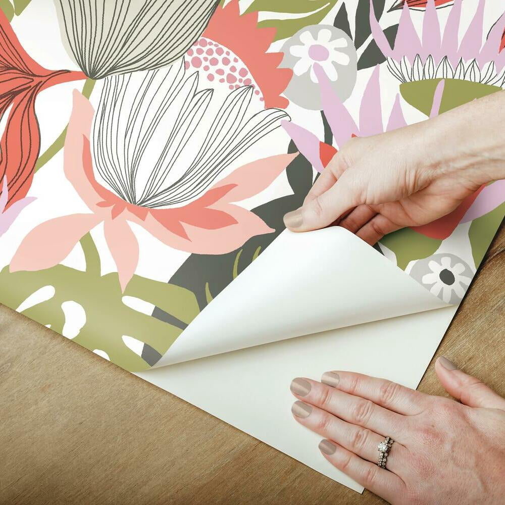 RoomMates Retro Tropical Leaves Peel and Stick Wallpaper (Pink, 20.5 in x 16.5 ft) jncuq
