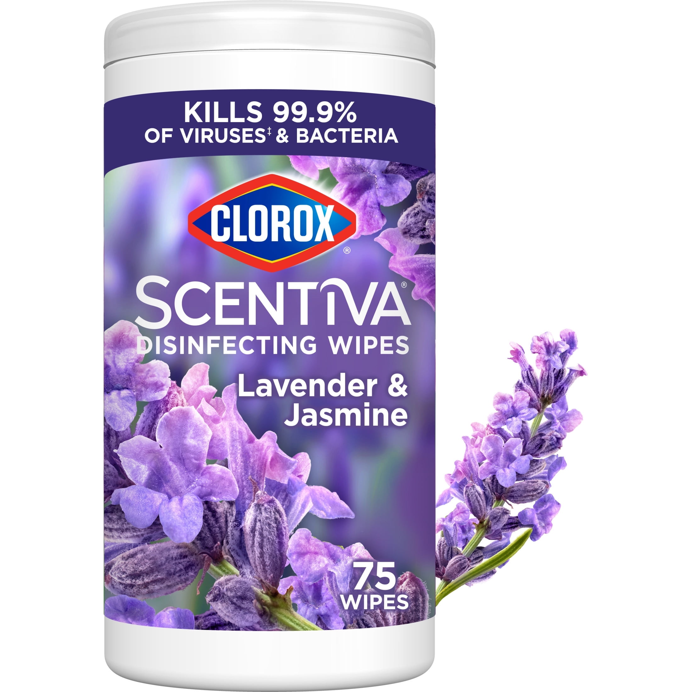 Clorox Scentiva Disinfecting Wipes, Lavender and Jasmine, Multi-Surface Cleaning (White, 75 Count) 2ttls