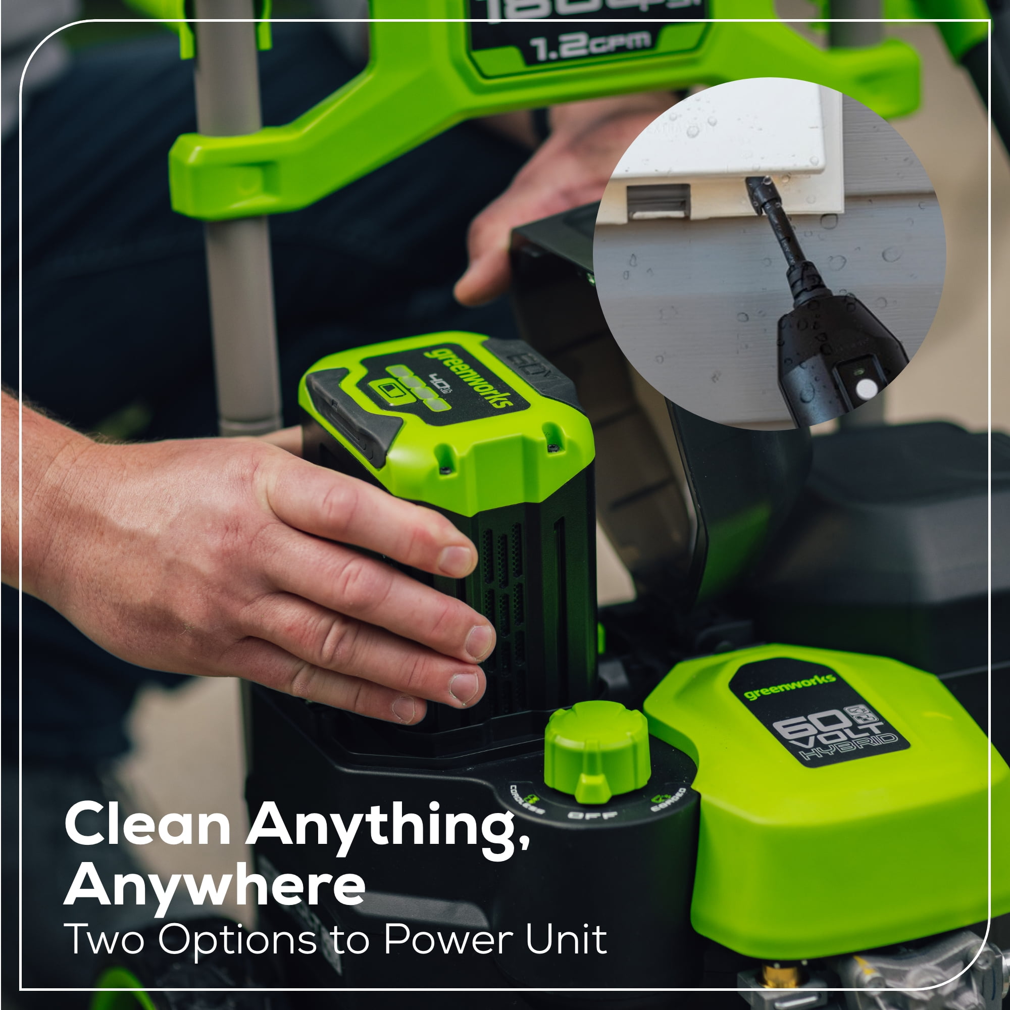 Greenworks 60V Hybrid Electric Pressure Washer (1800 PSI, 1.2 GPM, Includes 2 Batteries and Charger) s6wxl