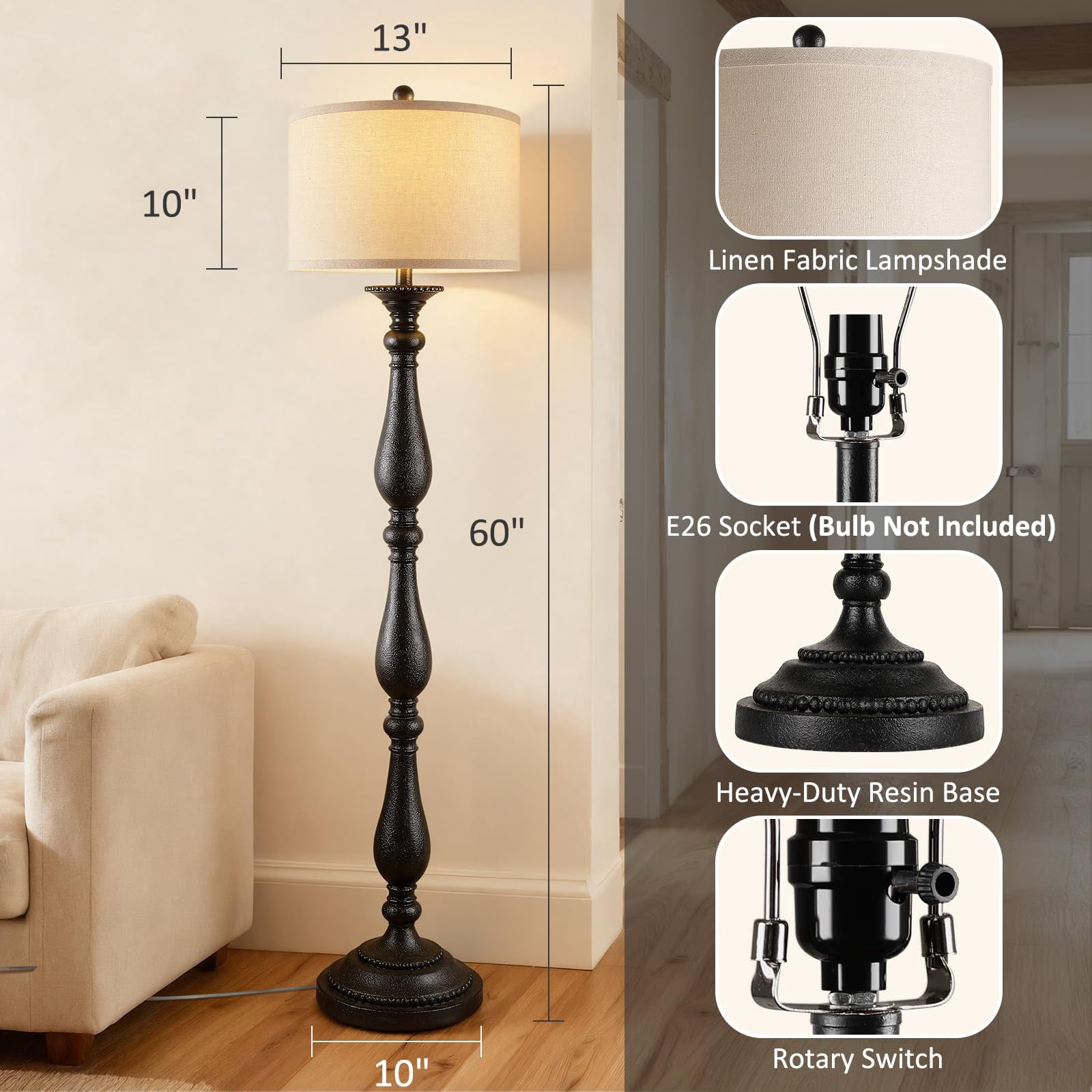 Lumina Decor Vintage Floor Lamp Rustic Farmhouse Standing Light with Linen Shade (Black, 60 in) uay29