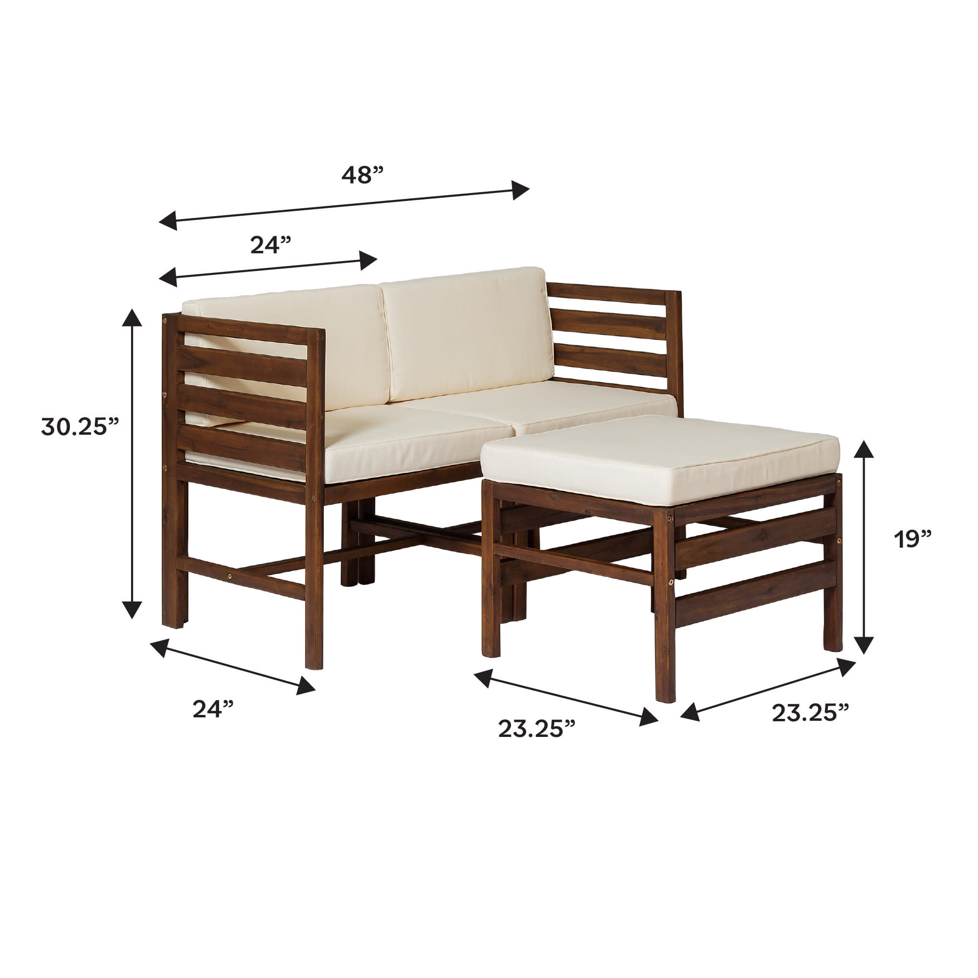 Walker Edison Modular Outdoor Acacia Wood Patio Chair and Ottoman Set (Dark Brown, 3 Piece) lckzh