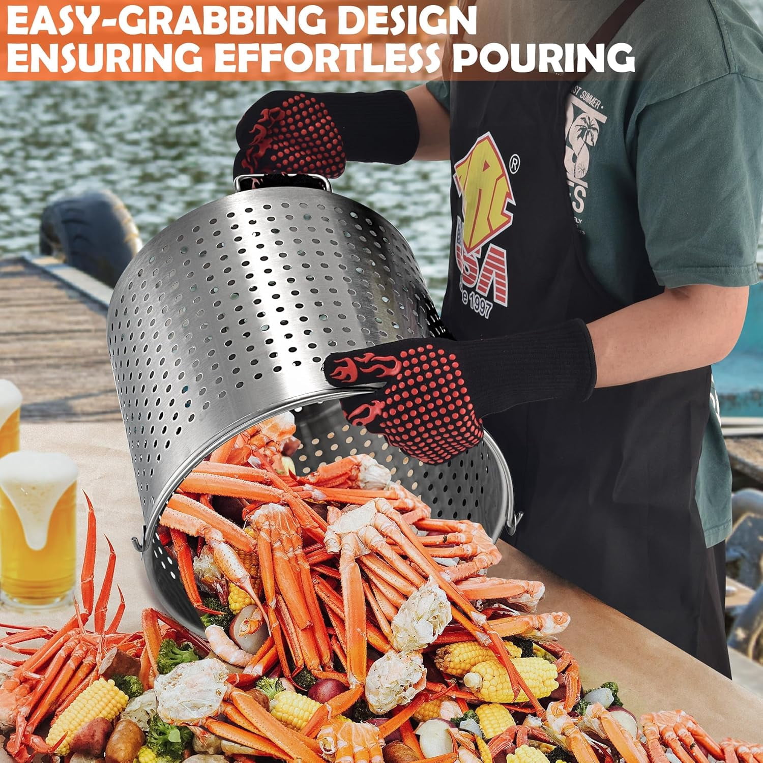 ARC USA 64QT Seafood Boiling Kit, Stainless Steel Propane Burner and Crawfish Pot with Strainer (Silver, 64 qt) p83c5