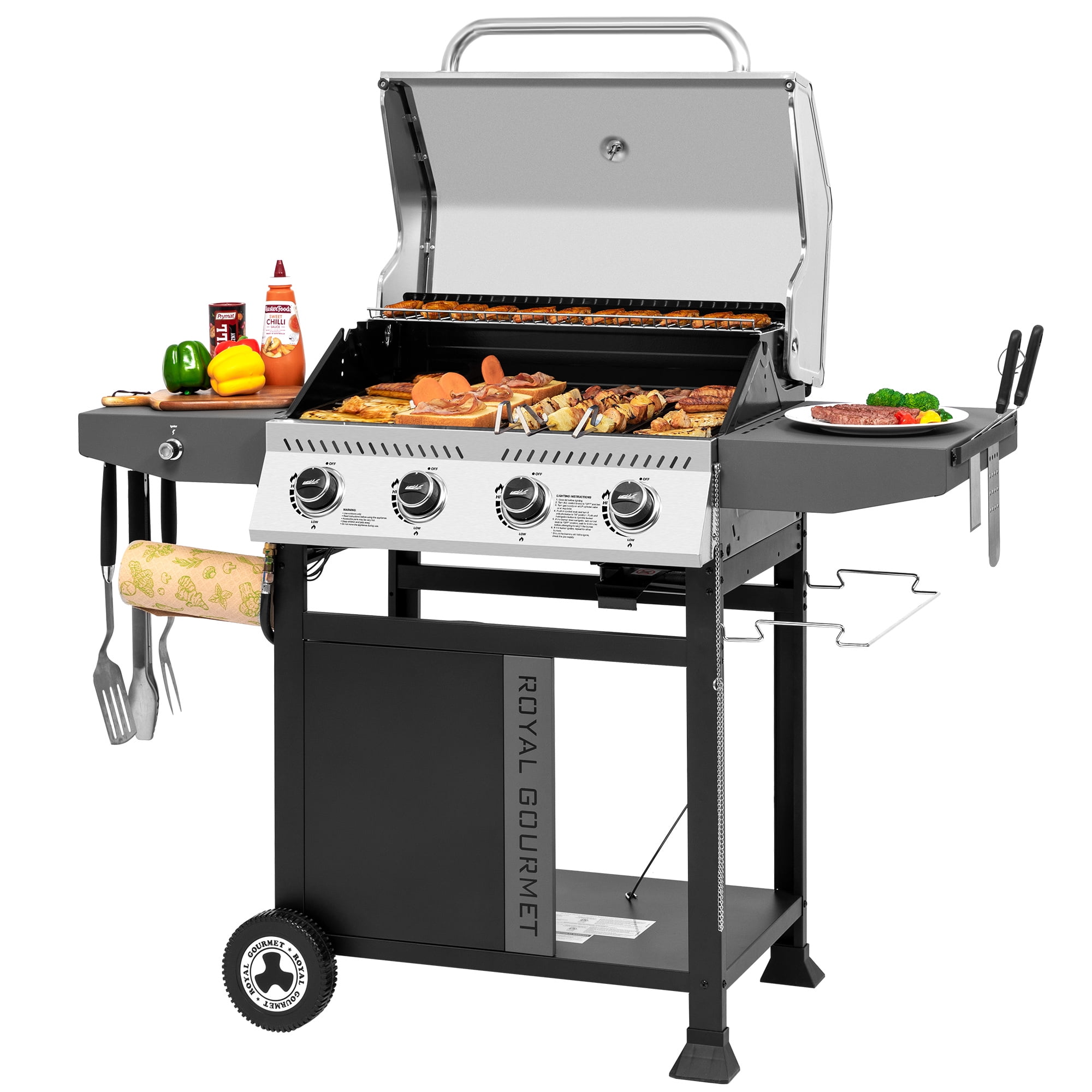 Royal Gourmet GA4405TS 4-Burner Gas Grill with Stainless Steel Lid and Side Shelves (Silver, 55.55 in L x 24.45 in W x 45.79 in H) cfyx7