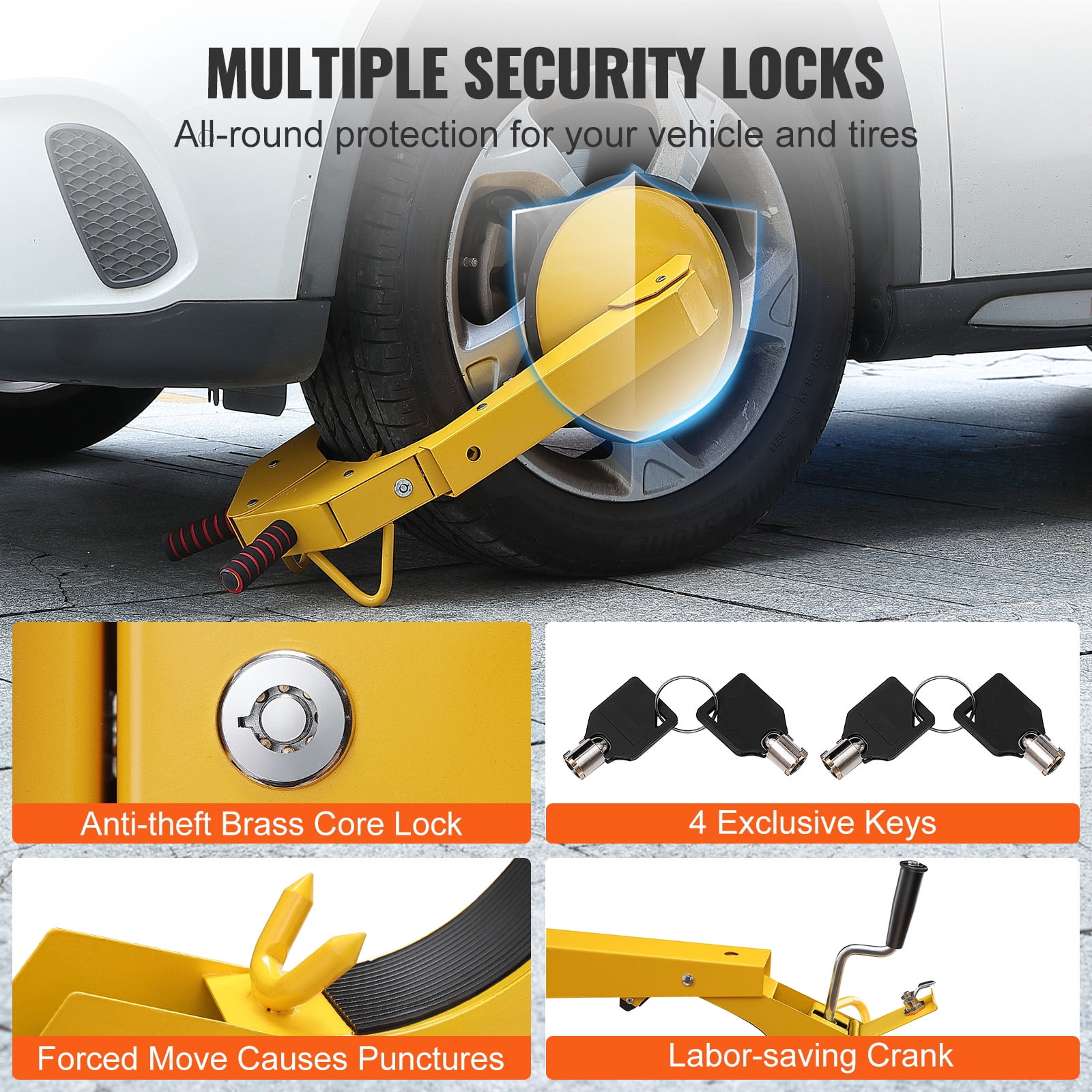 VEVOR Heavy-Duty Anti-Theft Wheel Lock Clamp (Yellow, 2-Pack, Fits 6.3 in to 15 in Tire Width) 8c4mg - Image 4