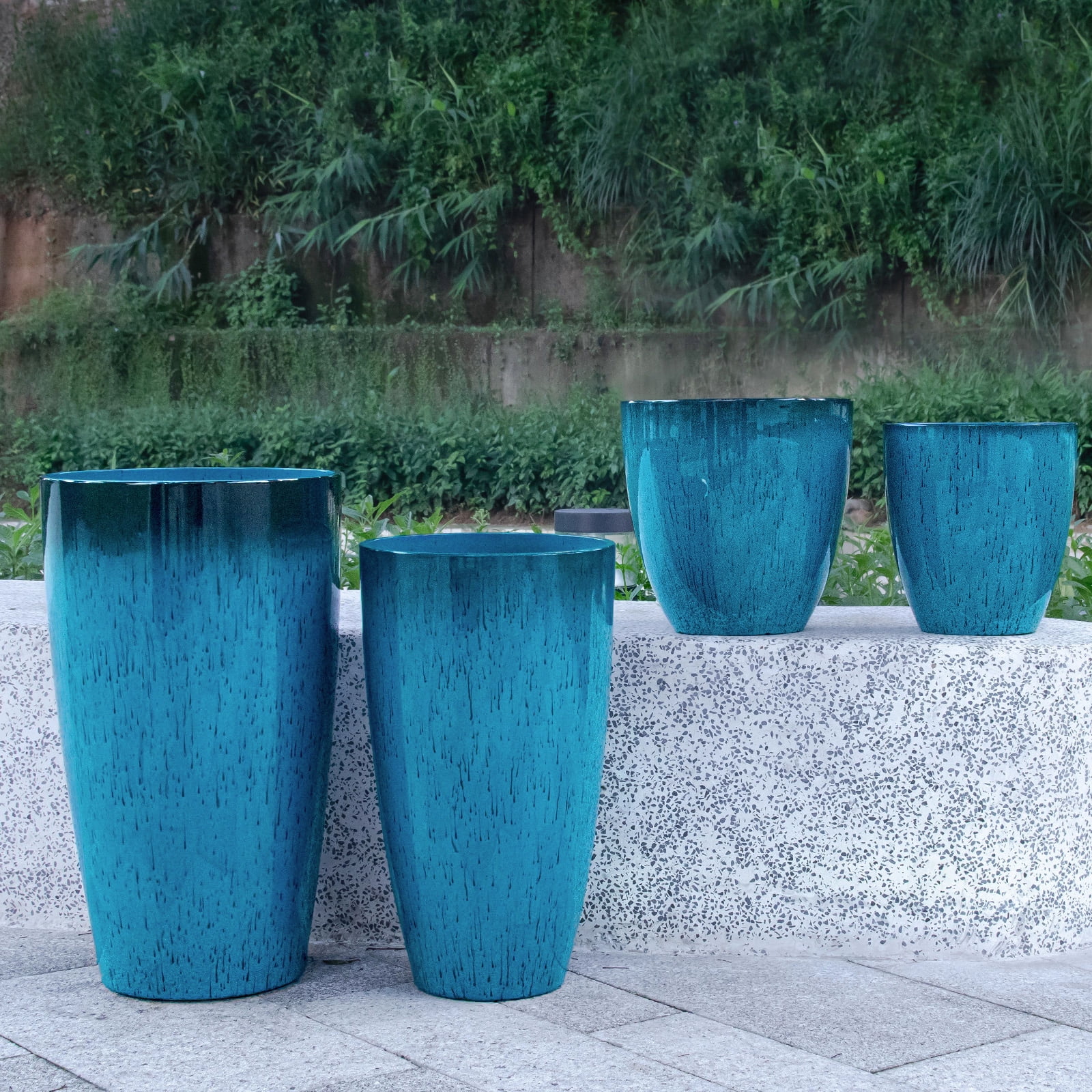 Fiason 4-Piece Tall Planter Set, Weatherproof Plastic Flower Pots with Drainage Holes and Mesh Filter (Blue, 24 in, 21 in, 12 in, 10 in) 1fcjk
