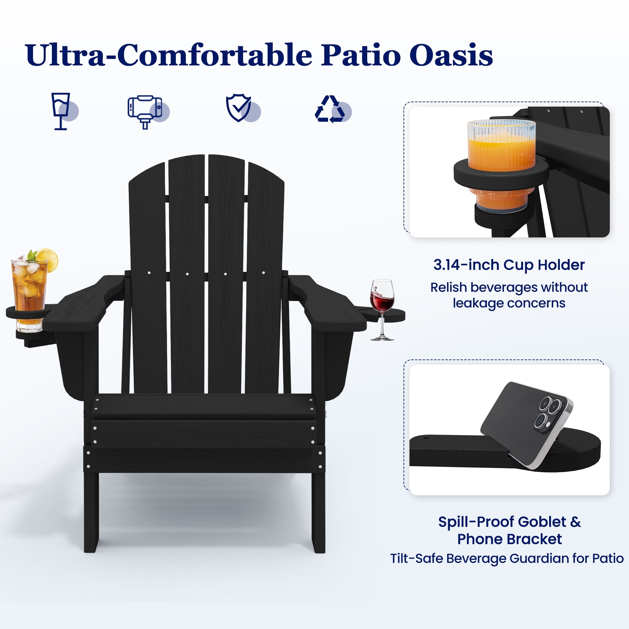 SERWALL Folding Adirondack Chair Set, All-Weather HDPE Patio Furniture with Cup & Phone Holders (Black, 32.5 in x 29.3 in x 35.8 in) ps3gb