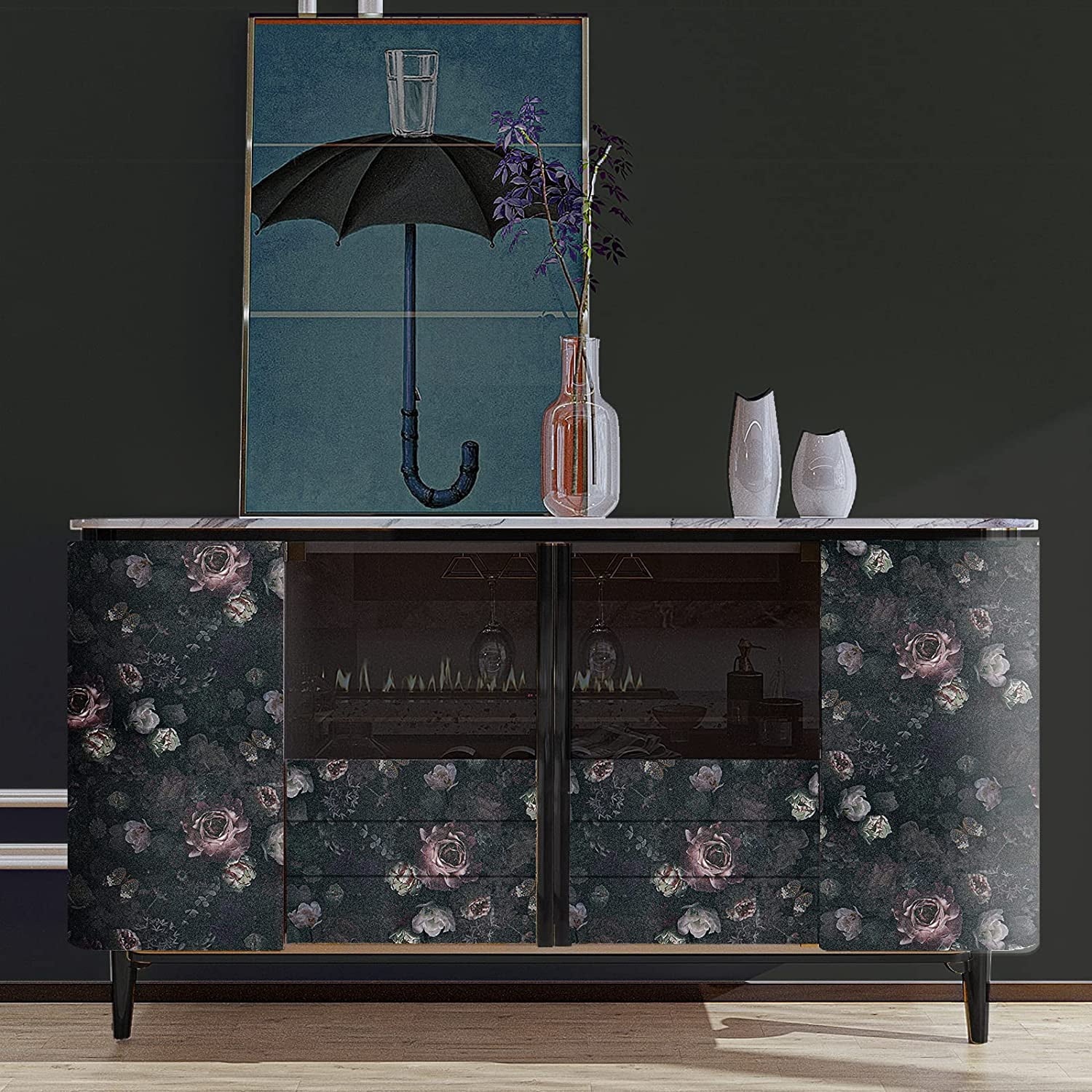 VEELIKE Vintage Dark Floral Peel and Stick Wallpaper, Boho Peony Removable Self-Adhesive Wall Decor (Black, 15.7 in x 118 in) l4nnh