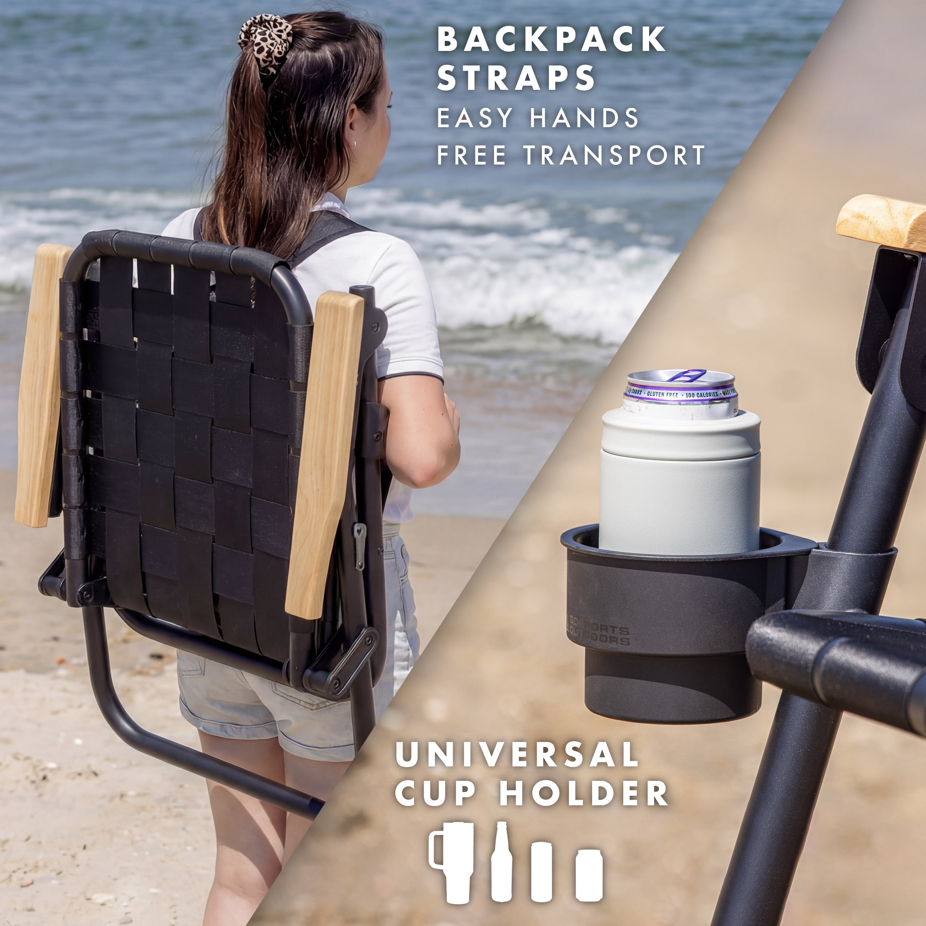 GoSports WOVN Beach Backpack Chair, Premium Folding Camping Chair with Hardwood Armrests (Black, 16 in Seat Height) ioncb