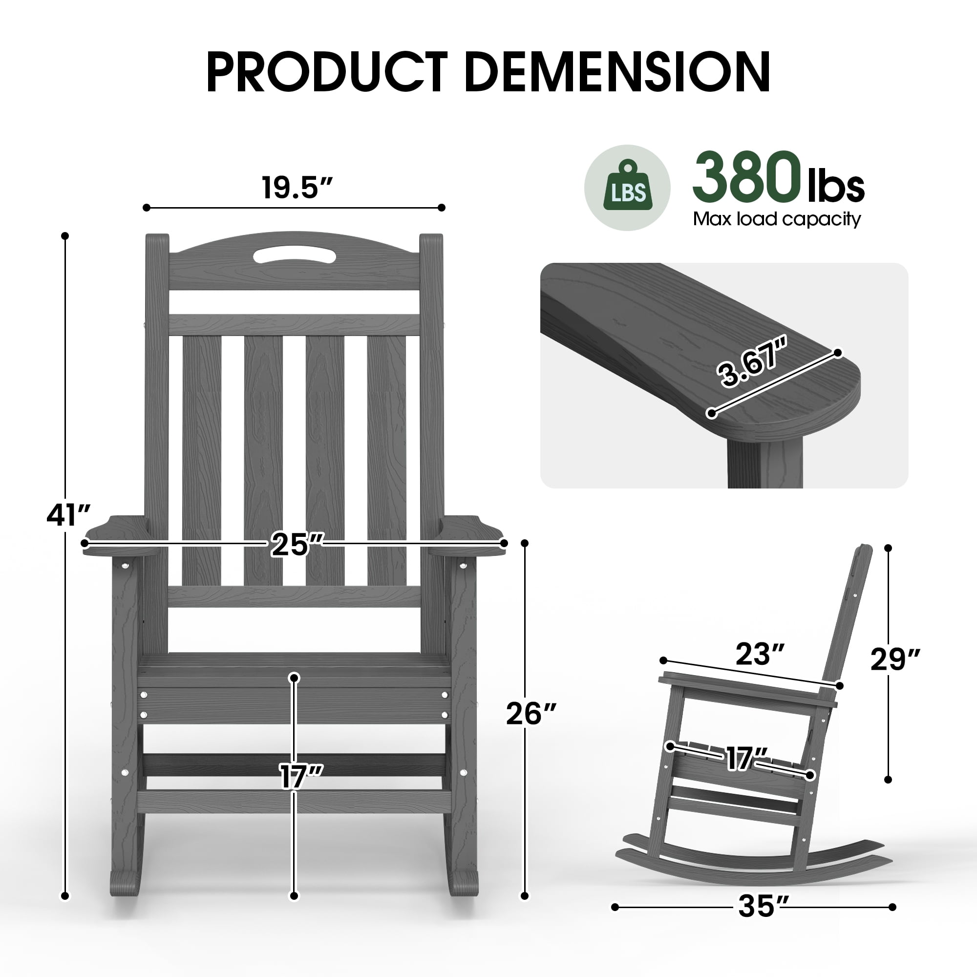 SUUNYN Oversized HDPE Outdoor Rocking Chair, Weather-Resistant High Back Porch Rocker (Dark Gray, 380 lb Capacity) rwdmc