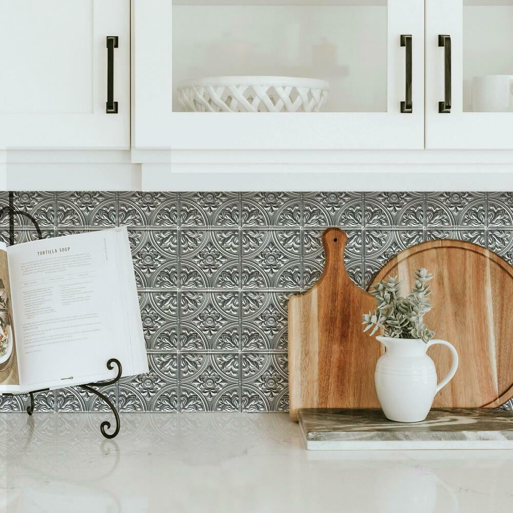 RoomMates Silver Tin Peel and Stick Backsplash Tiles (Silver, 4 Pack, 10.5 in x 10.5 in) jm6go