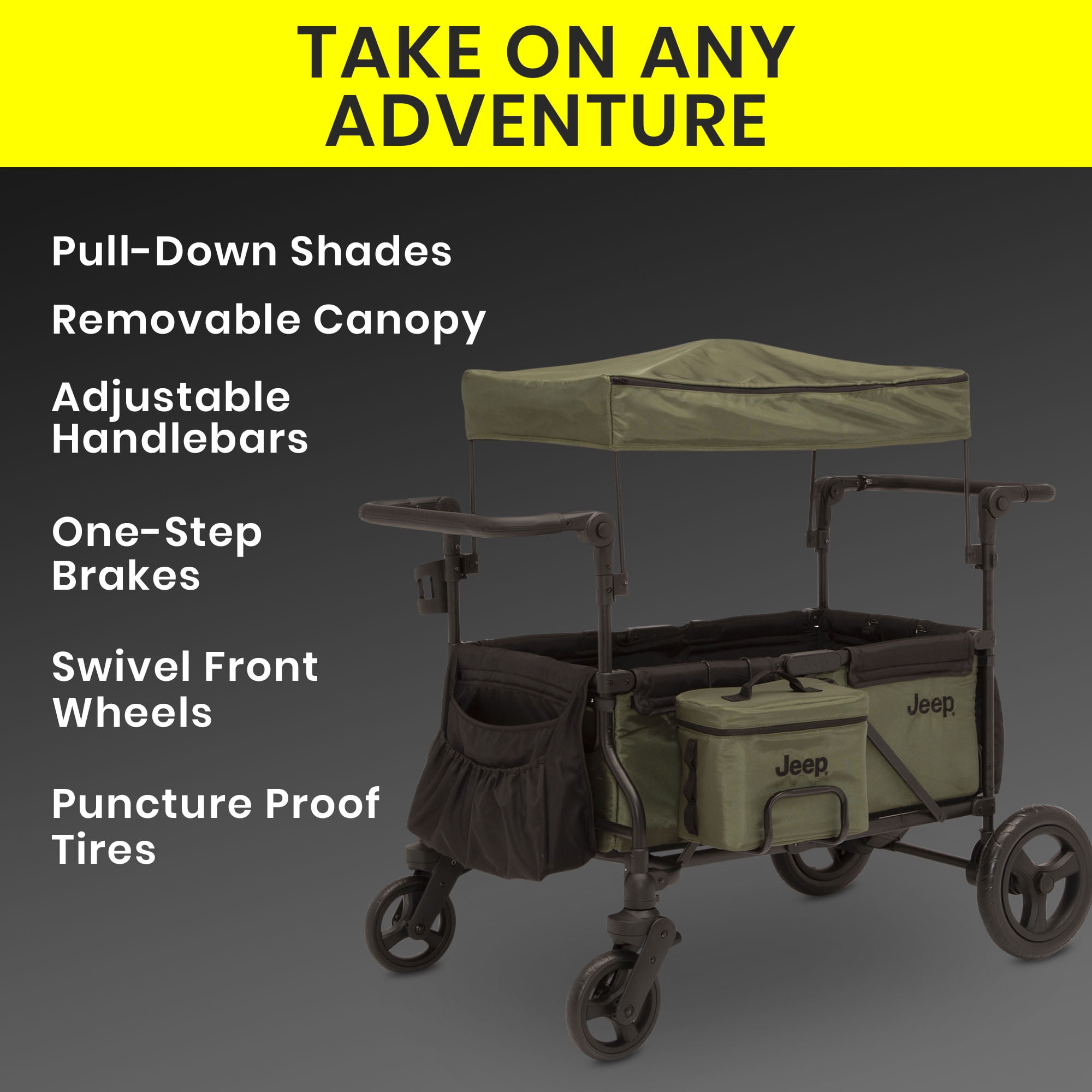 Jeep Deluxe Wrangler Wagon Stroller for 2 Kids, All-Terrain Wheels, Cooler Bag & Canopy (Green, 46 in L x 29 in W x 46 in H) i5nvc