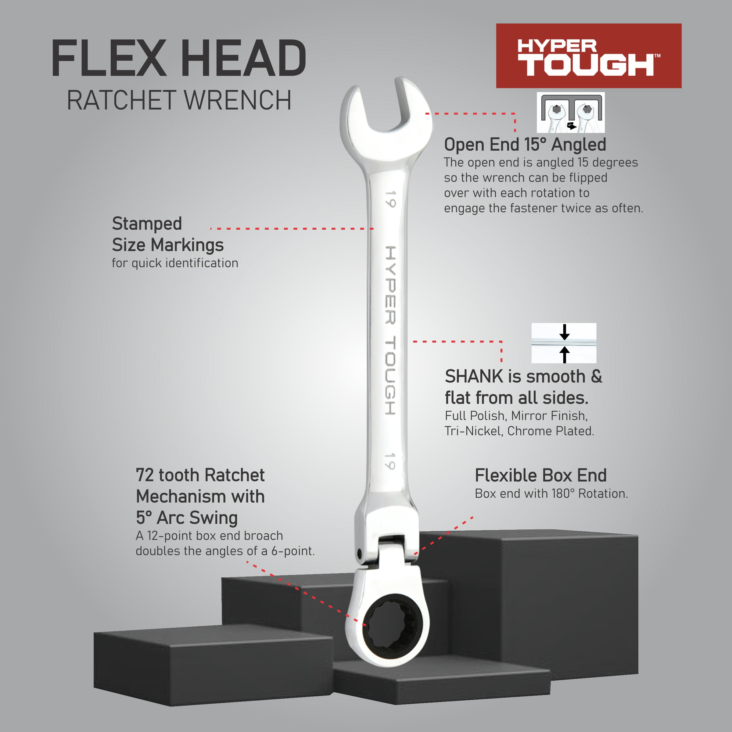 Hyper Tough 12-Piece Flex Head Ratcheting Wrench Set (Silver, 12-Piece) wg69o