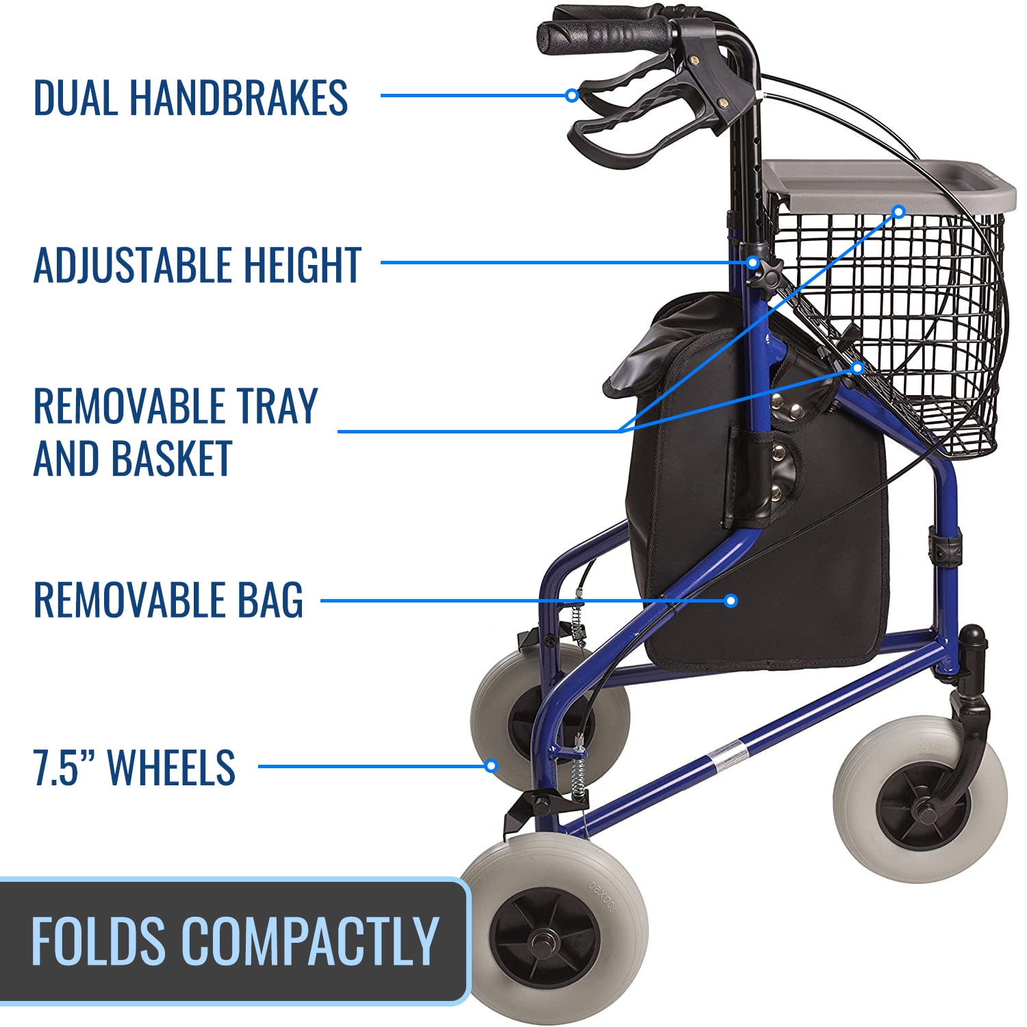 DMI 3-Wheel Folding Rollator Walker with Swiveling Front Wheels and Storage Tray (Royal Blue, 15 lb) 71o5n