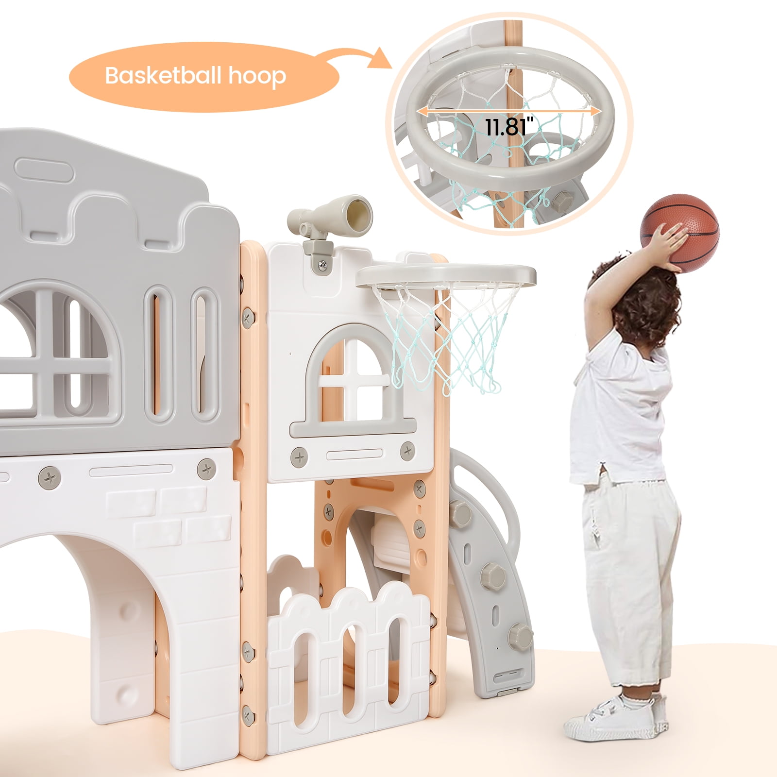 Strundghti 8-in-1 Toddler Indoor Playground Slide Set with Basketball Hoop and Crawling Tunnel (Grey) hl5e7