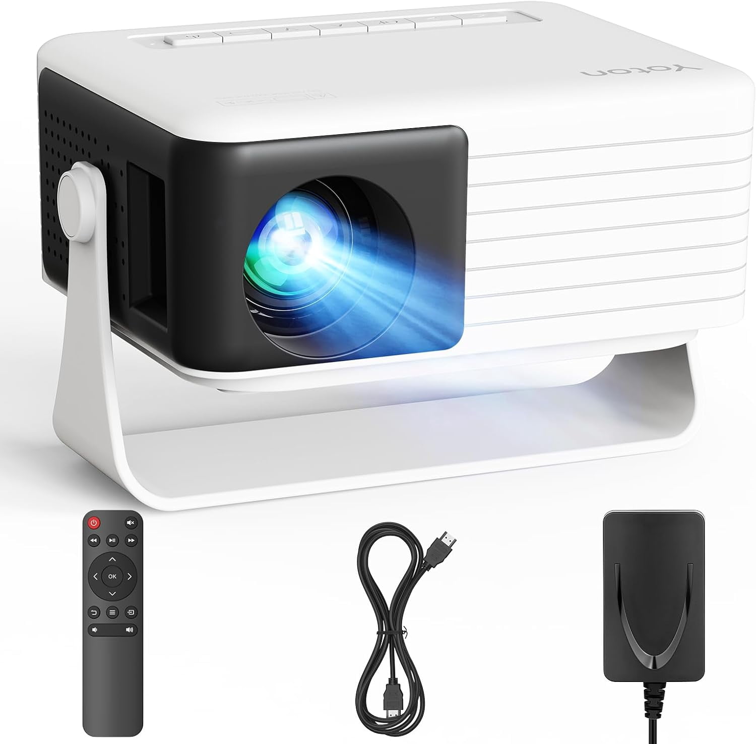 CocoBear Mini Projector, Native 720P Portable Movie Projector with 360° Rotating Stand, Auto Keystone & Zoom, Compatible with iOS Android HDMI USB (White) cyzdq