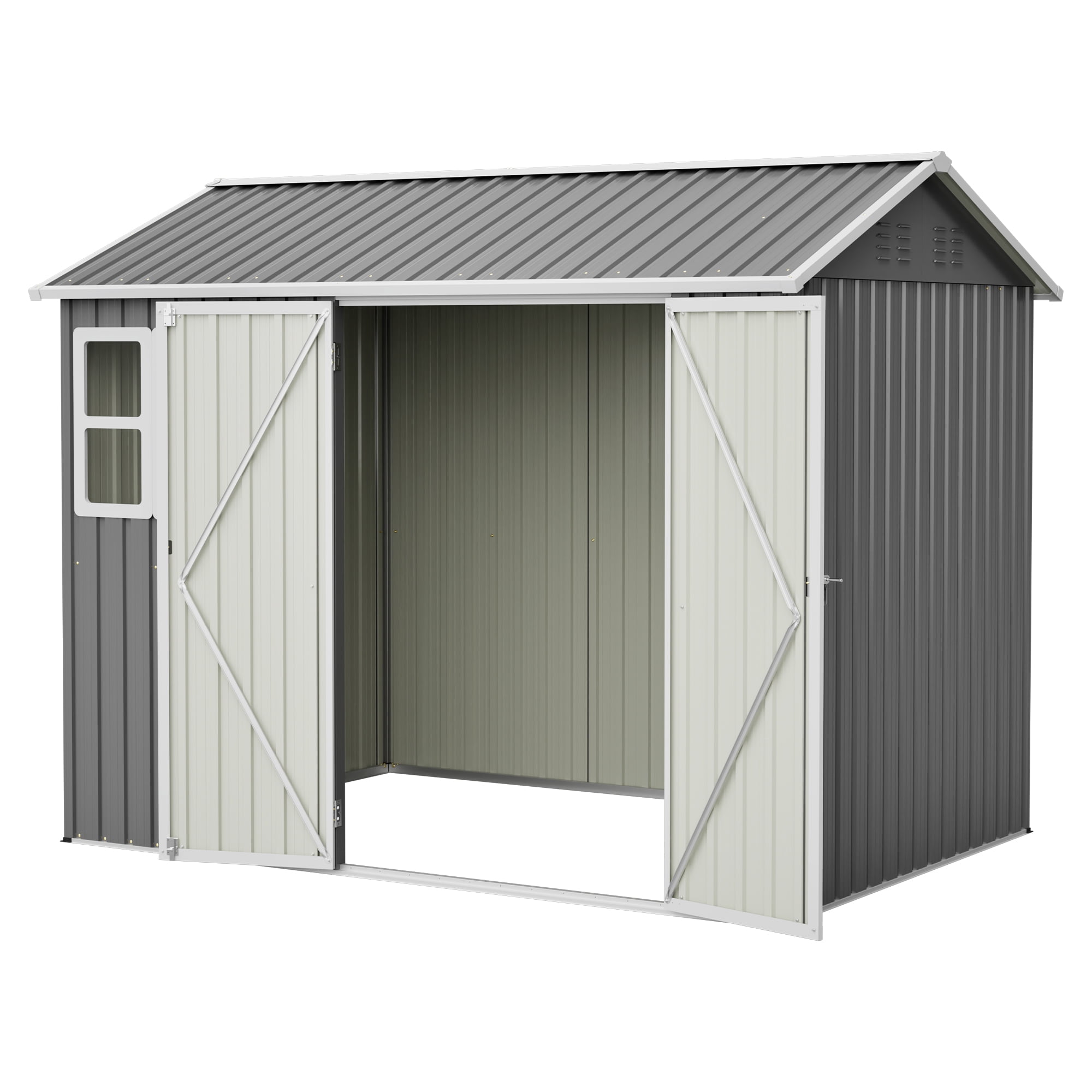 Roninkier Large Galvanized Steel Storage Shed with Lockable Double Doors and Window (Dark Gray, 8x6 ft) 6k2hq