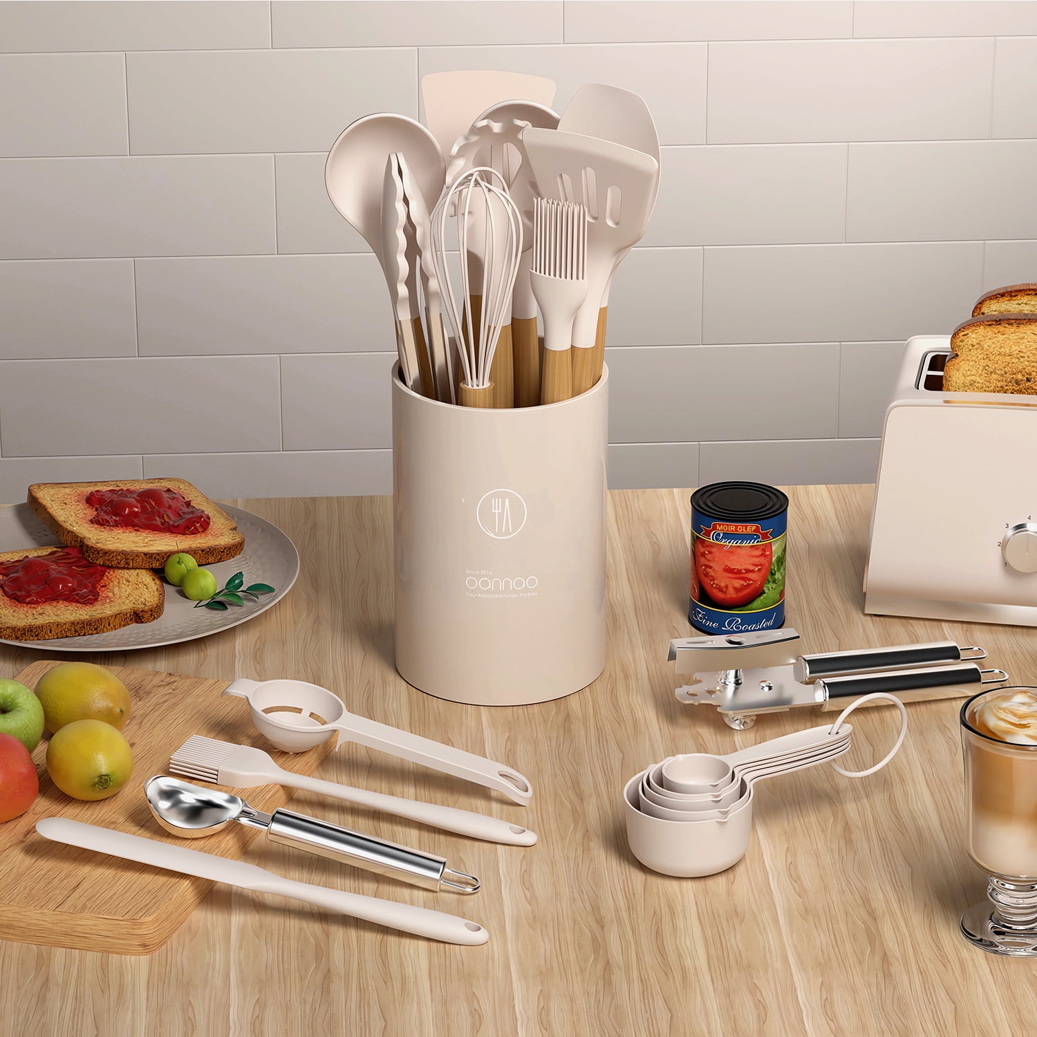 oannao 35-Piece Silicone Cooking Utensil Set, Heat-Resistant Kitchen Spatula Tools with Wooden Handles and Storage Holder (Khaki, 35-Piece) 3gcx6