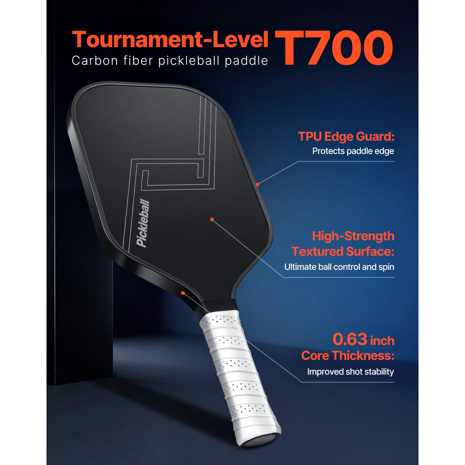 KFFKFF Pickleball Paddle T700 Carbon Fiber Surface with Honeycomb Core (Black, 7.86 oz) acl38