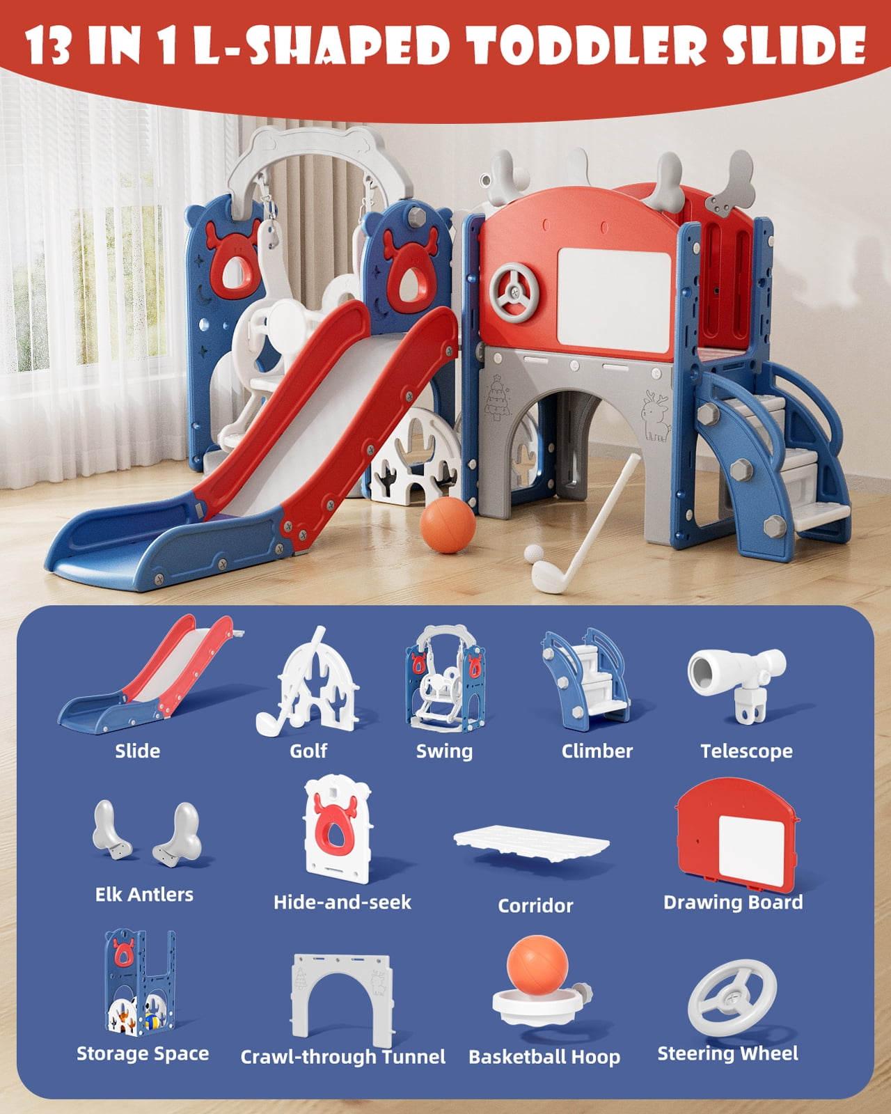 YUFU 13-in-1 Toddler Slide and Swing Set with Basketball Hoop and Drawing Board (Red, 82 in x 62 in x 41.3 in) djqu8