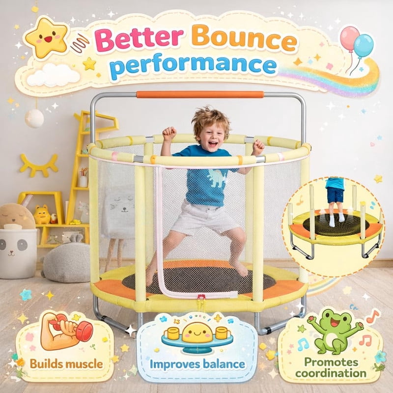 SIMENMAX 55 in Kids Trampoline with Enclosure, 4-in-1 Toddler Activity Center with Gymnastics Bar, Basketball Hoop, and Swing (Yellow, 55 in) cnizl