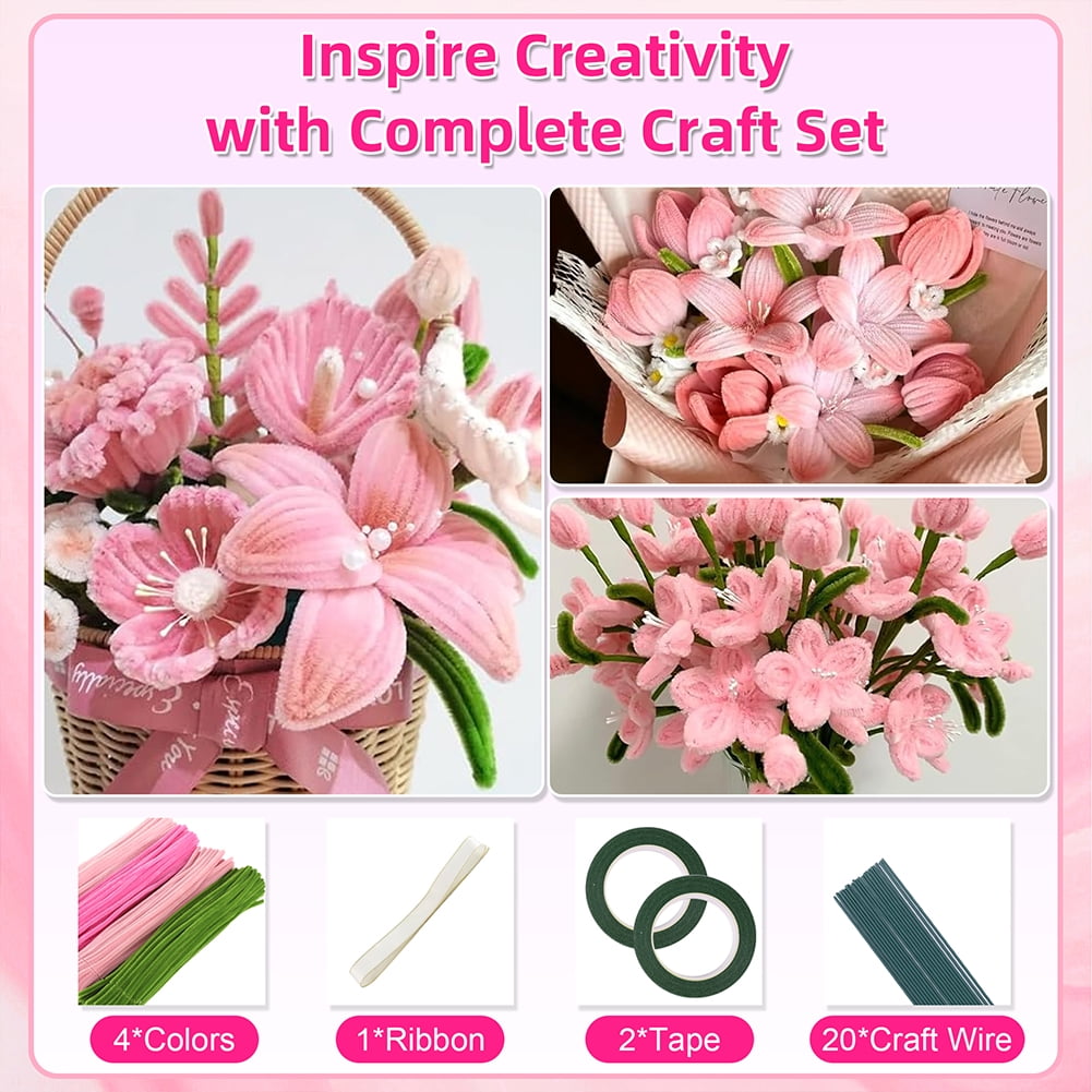Yucurem Pipe Cleaners Craft Kit for DIY Flower Making, Chenille Stems with Floral Wires and Ribbon (Pink, 400 Pieces) rehc5