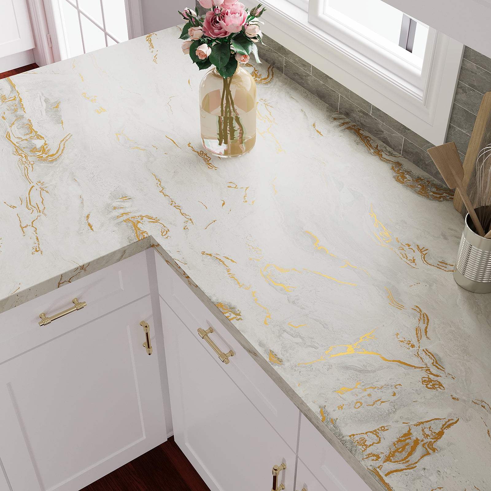 VEELIKE Marble Peel and Stick Countertop Contact Paper, Waterproof Vinyl Film for Kitchen and Bathroom (Beige, 15.7 in x 118 in) wgqeu