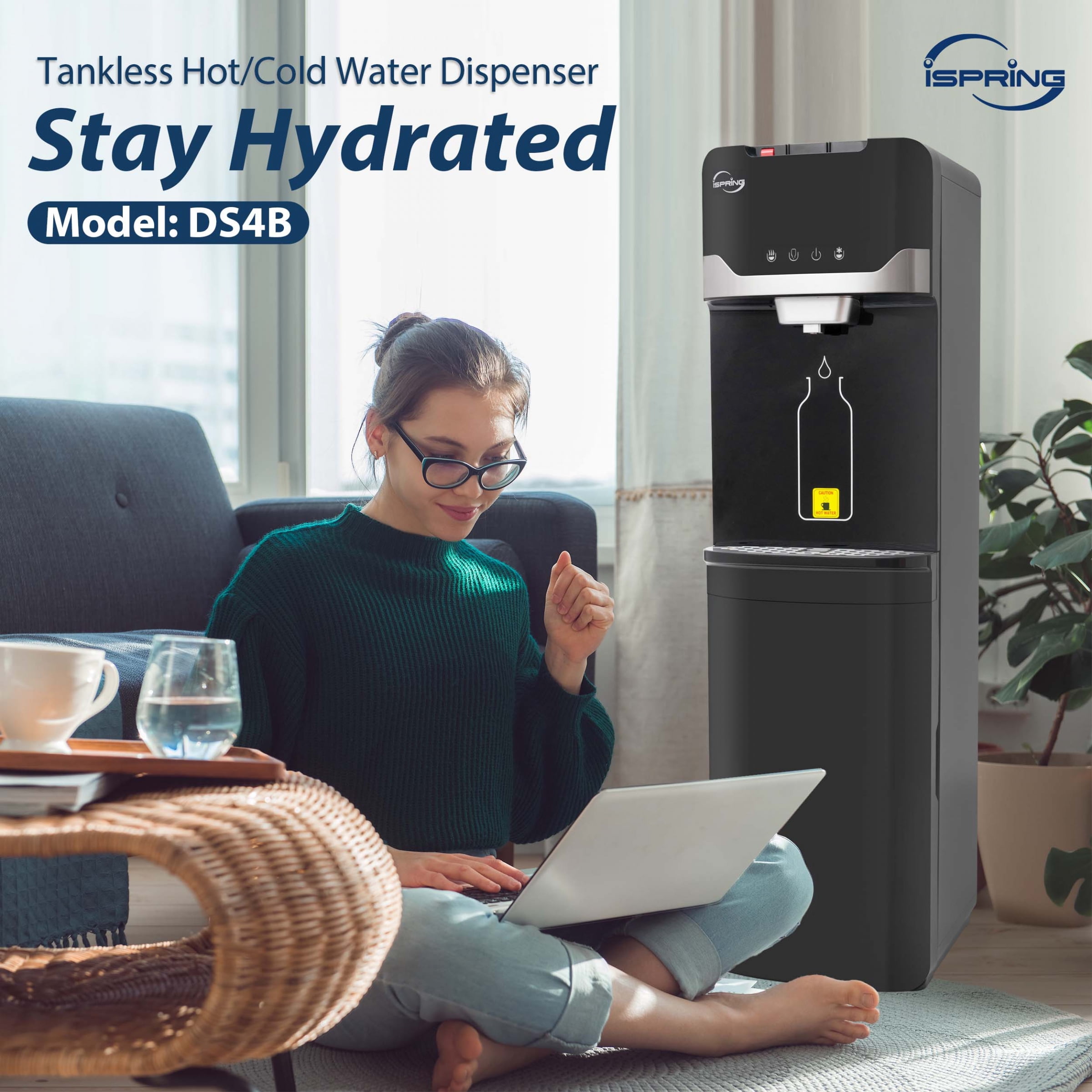 iSpring Water Dispenser with 4-Stage Filtration System, Hot/Cold/Room Temp, Self-Cleaning (Black, 1 Unit) krtcm