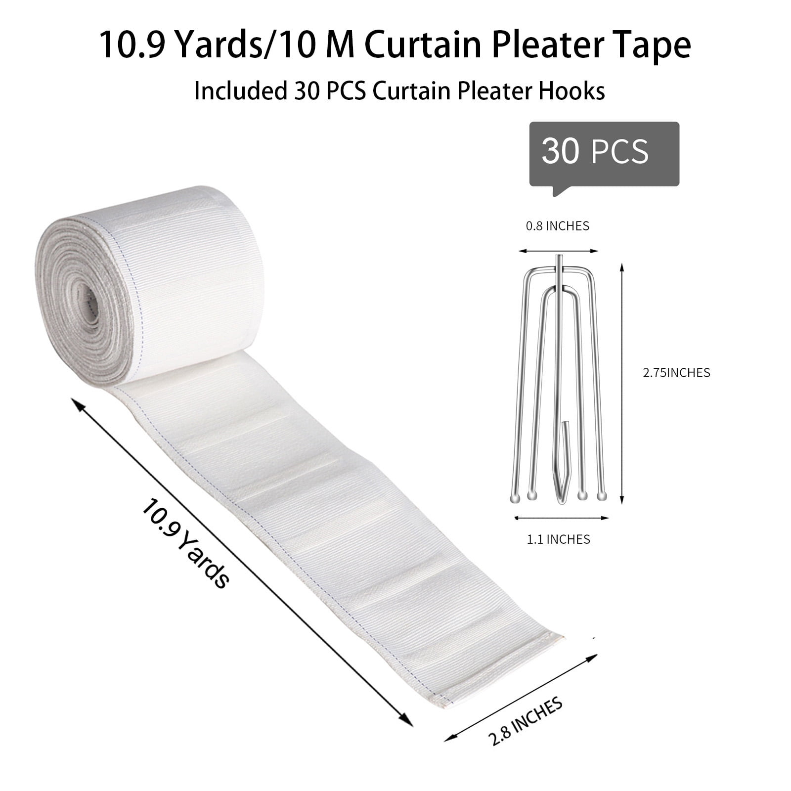 Mecozone Curtain Pleat Tape and 4-Prong Hook Set for DIY Pinch Pleat Drapes (White, 32.8 ft) 1gdf3