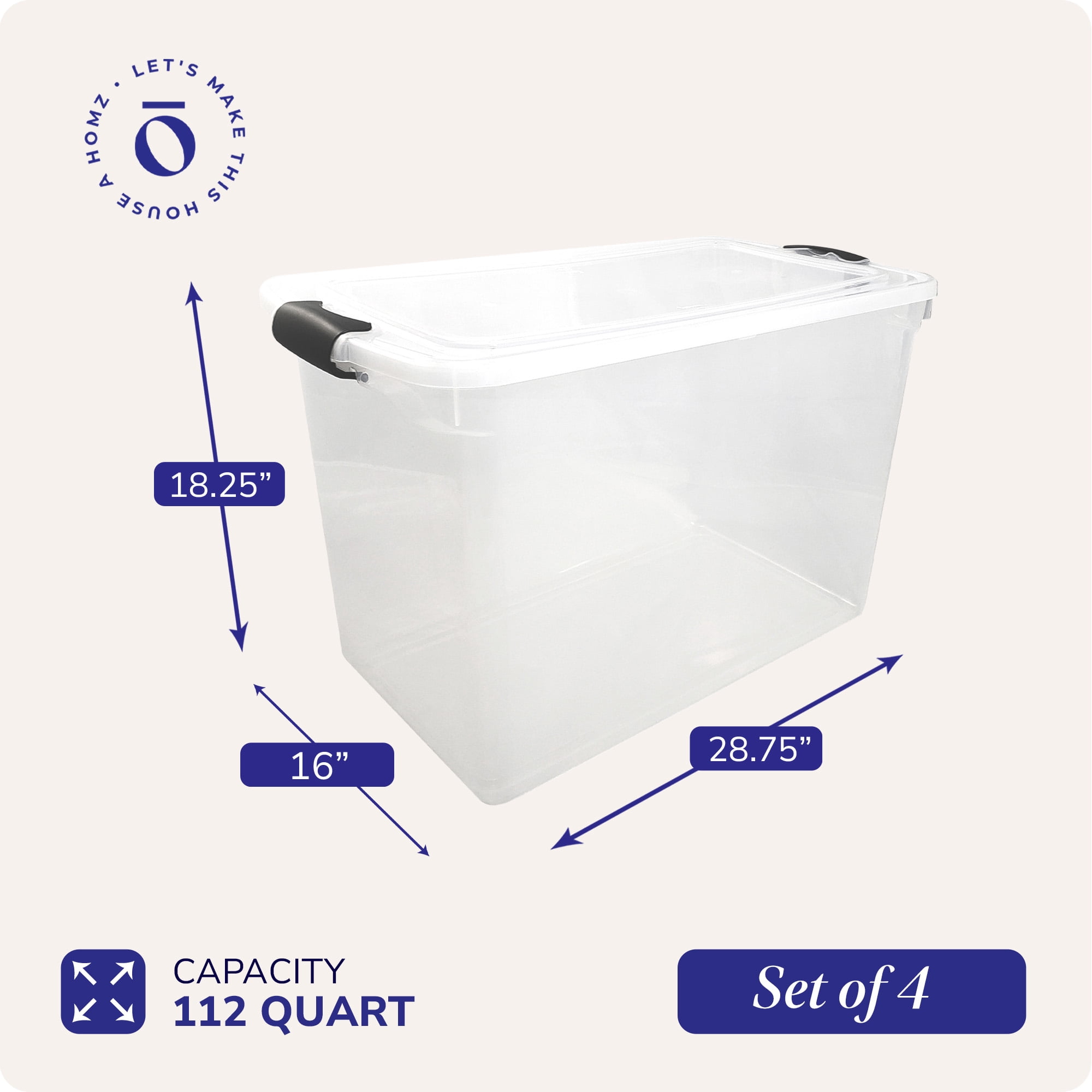 Homz 112 Quart Latching Plastic Storage Container, Durable Stackable Bin (Clear, 4 Pack) rznll