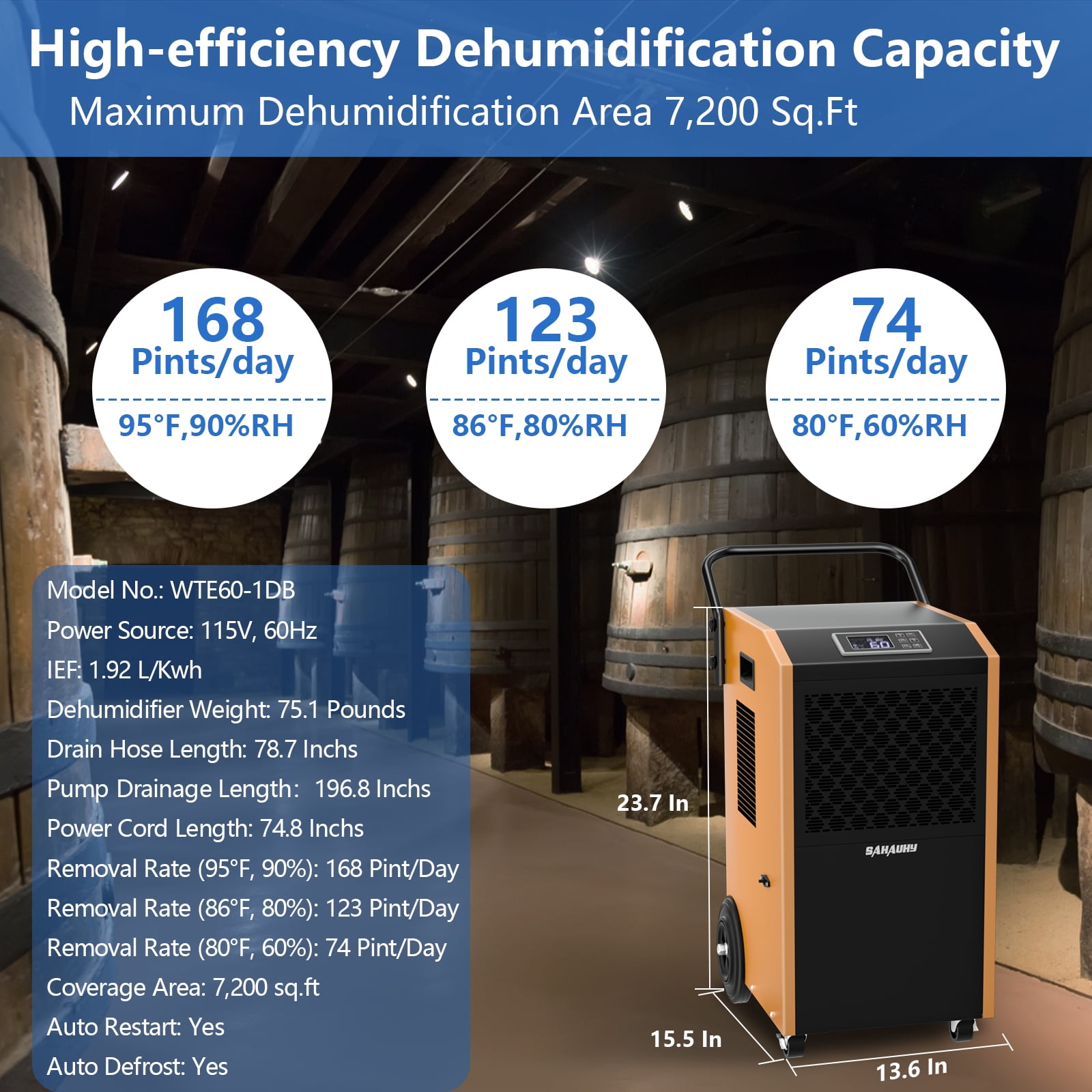 SAHAUHY Commercial Dehumidifier with Built-in Pump and Drain Hose for Large Spaces (168 Pints, 7,200 Sq Ft) o0r39