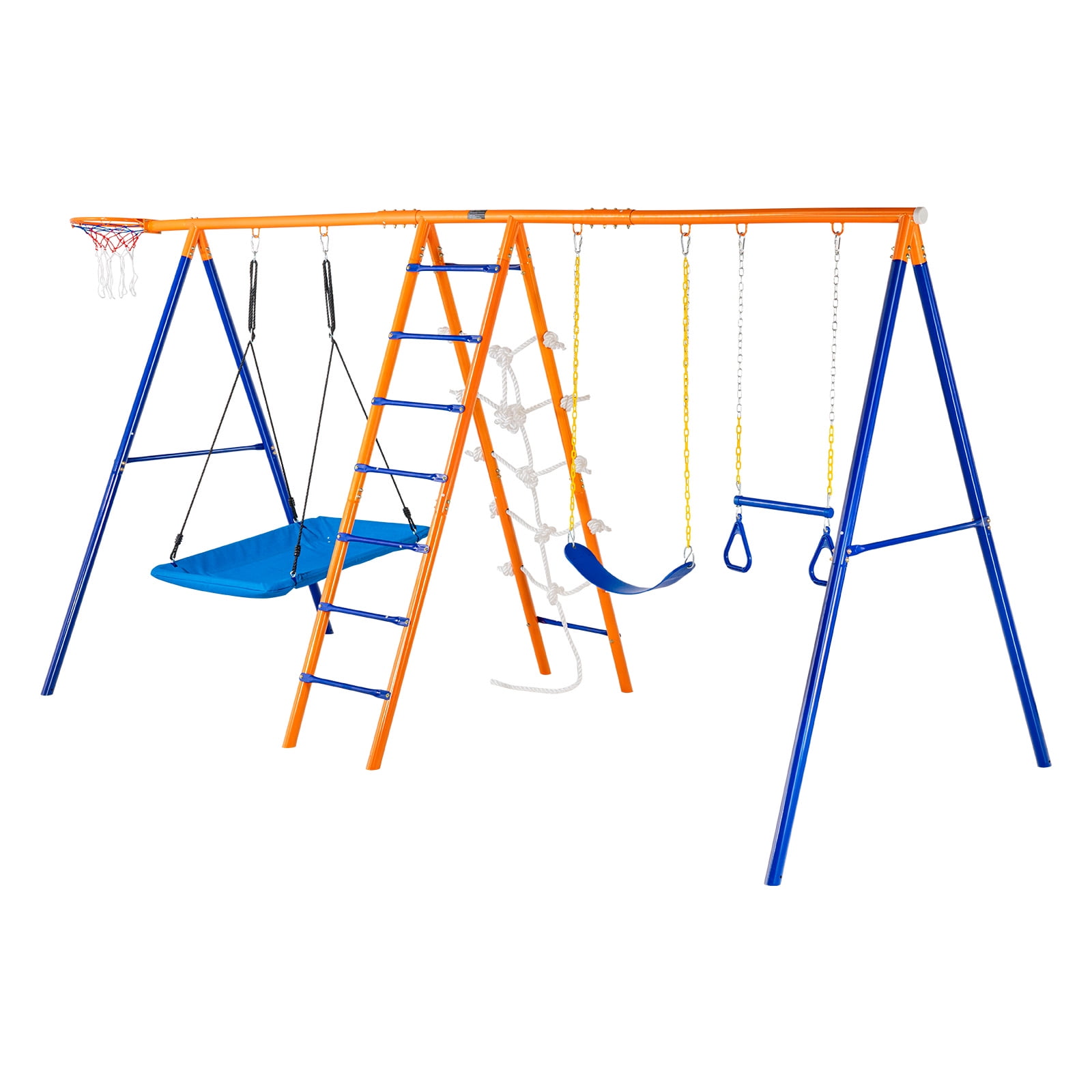 KFFKFF Outdoor Swing Set, 6-in-1 Playground Combo with Dual Swings, Trapeze, Ladder, Net, and Basketball Hoop (Orange, 440 lb) cwxiu