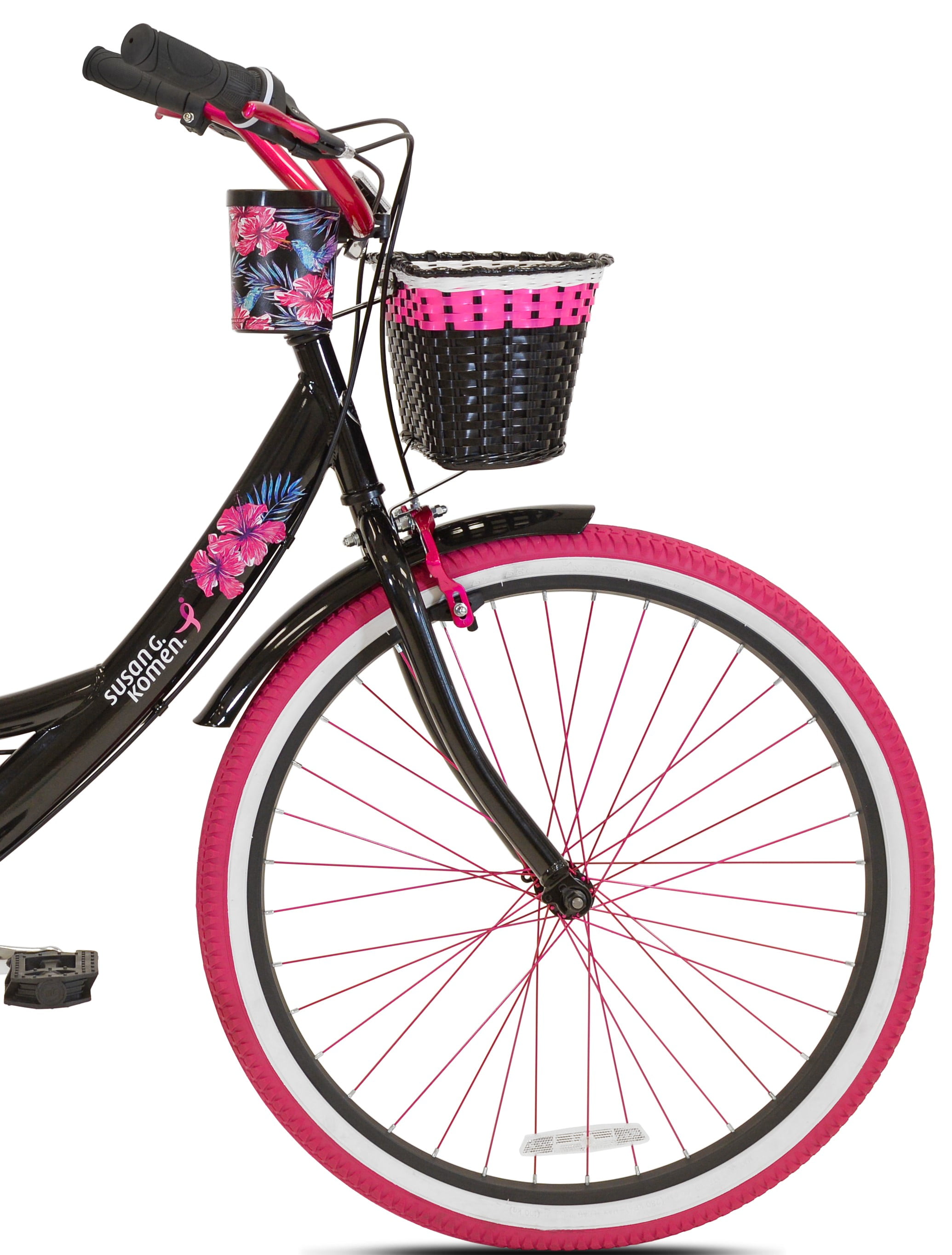 Kent Bicycles 26 in Susan G. Komen Cruiser Bike, Adult Comfort Bicycle with Basket (Black and Pink, 26 in) s81hx