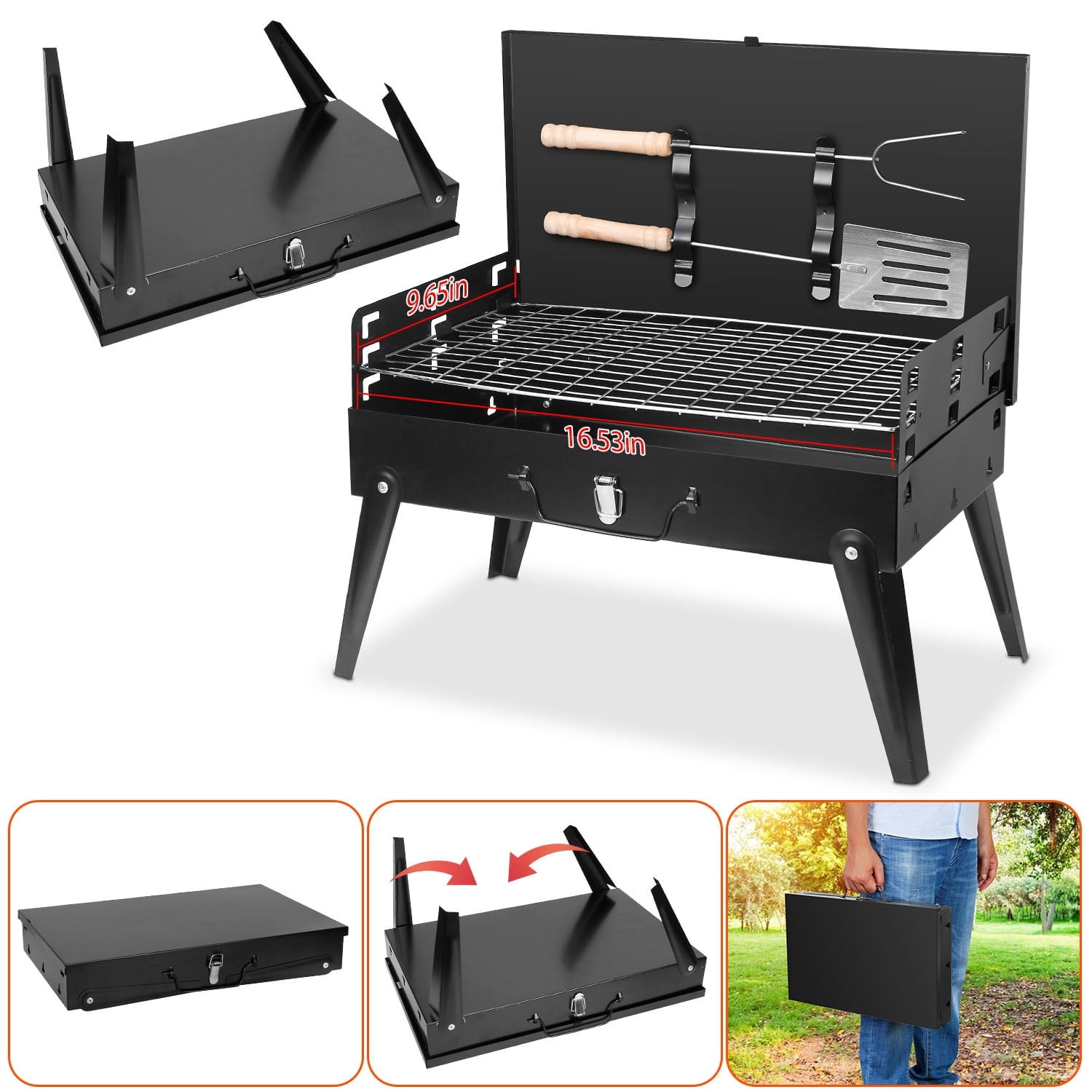 TeqHome Portable Charcoal Grill Foldable Tabletop BBQ for Camping Picnic (Black, 16.7x10x17.7 in) 2c8un