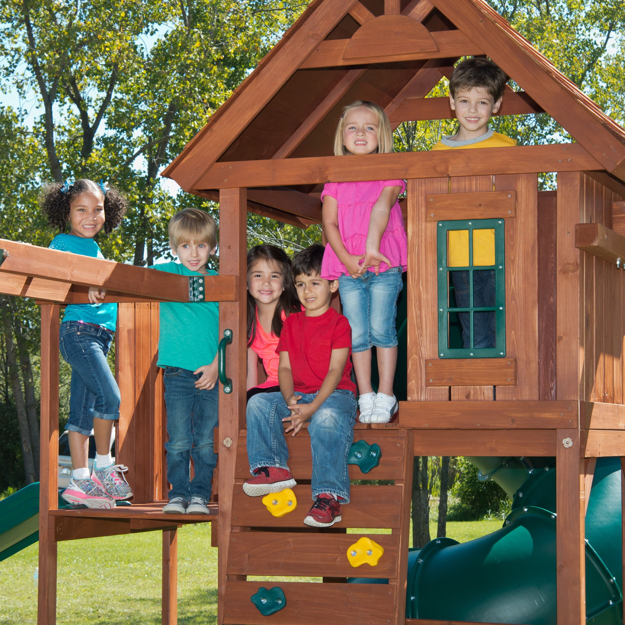 Swing-N-Slide Grandview Twist Wooden Backyard Playground Set with Slides and Monkey Bars (Green, 1 Unit) iqd8n