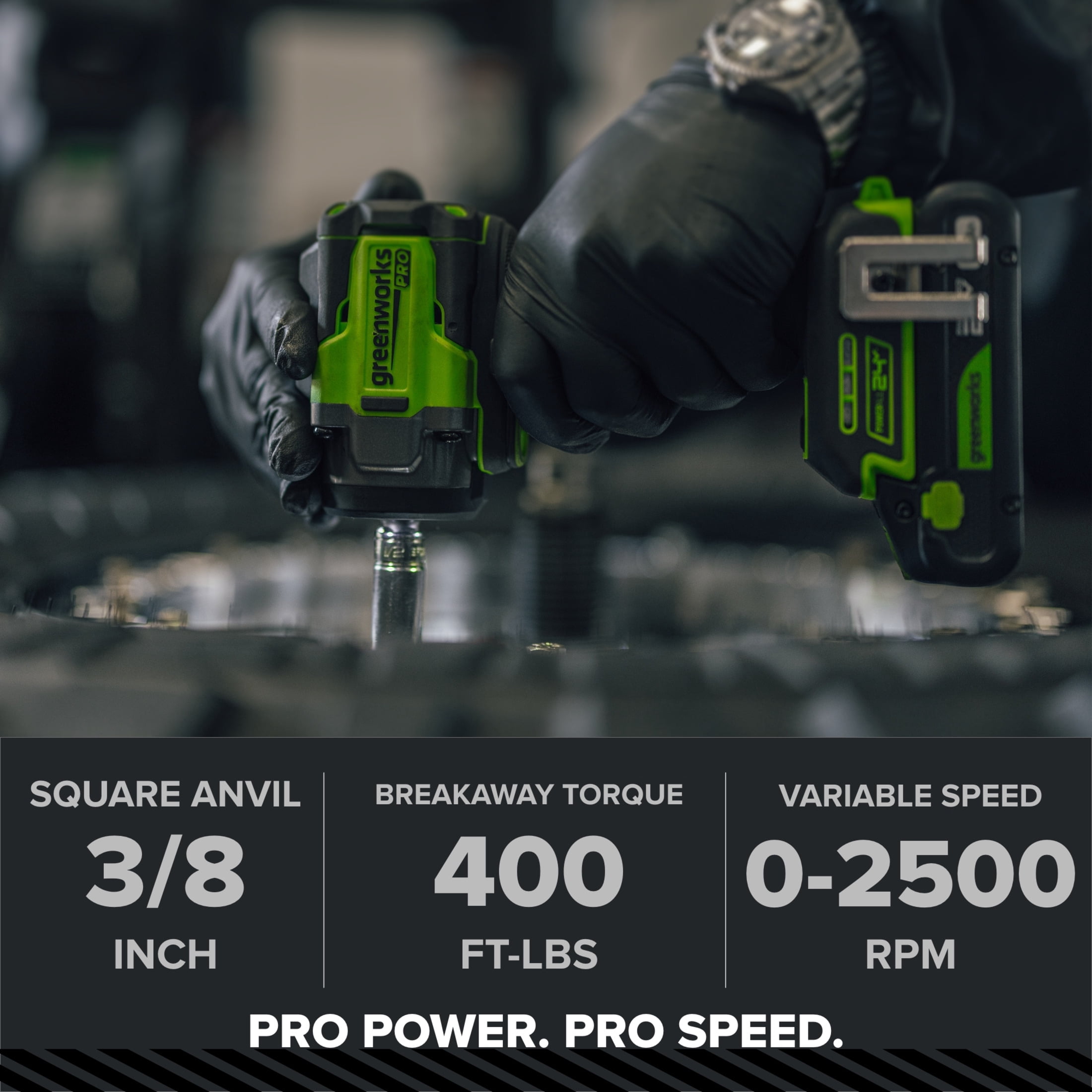 Greenworks Pro PowerAll 24V Brushless 3/8-inch Impact Wrench with 400 ft-lb Breakaway Torque (Green, Tool Only) 91uu6