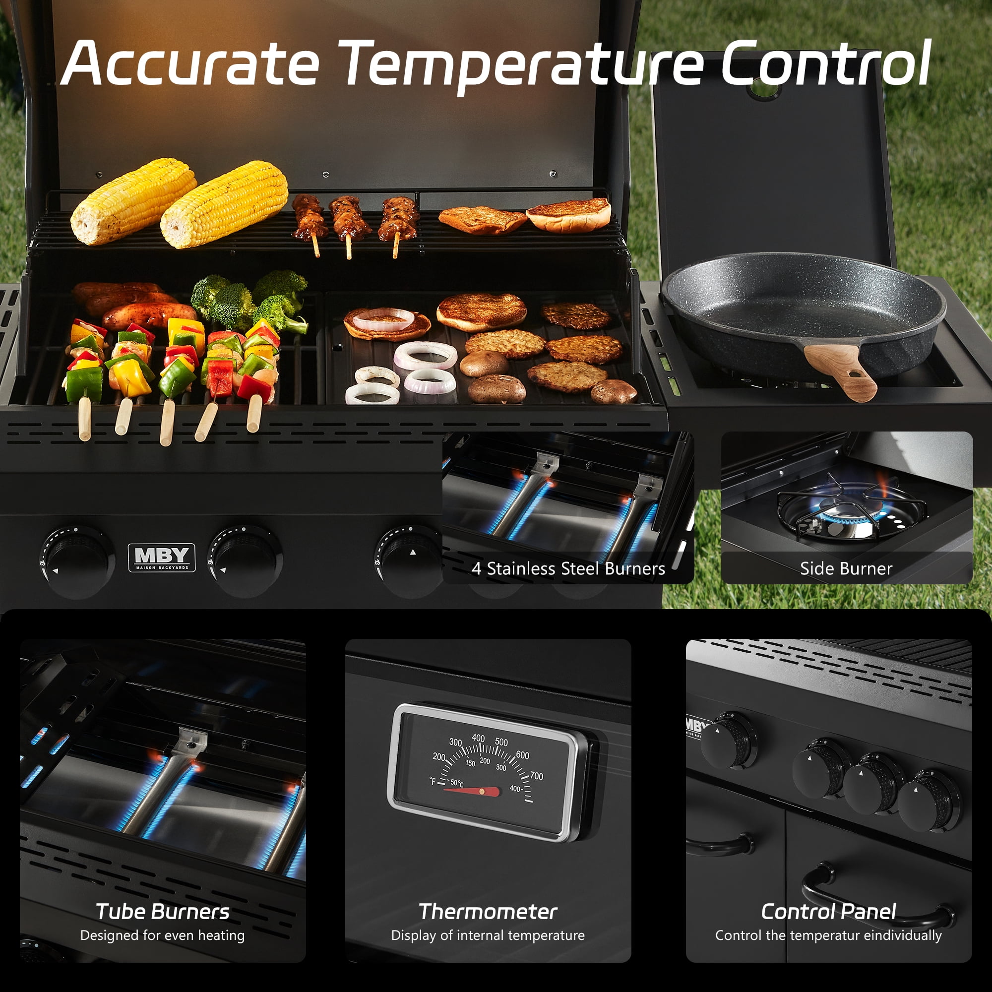 MAISON BACKYARDS 4-Burner Propane Gas Grill with Side Burner, 50,000 BTU Outdoor BBQ Grill with Cast Iron Grates and Griddle (Black, 480 sq. in.) b9ijy