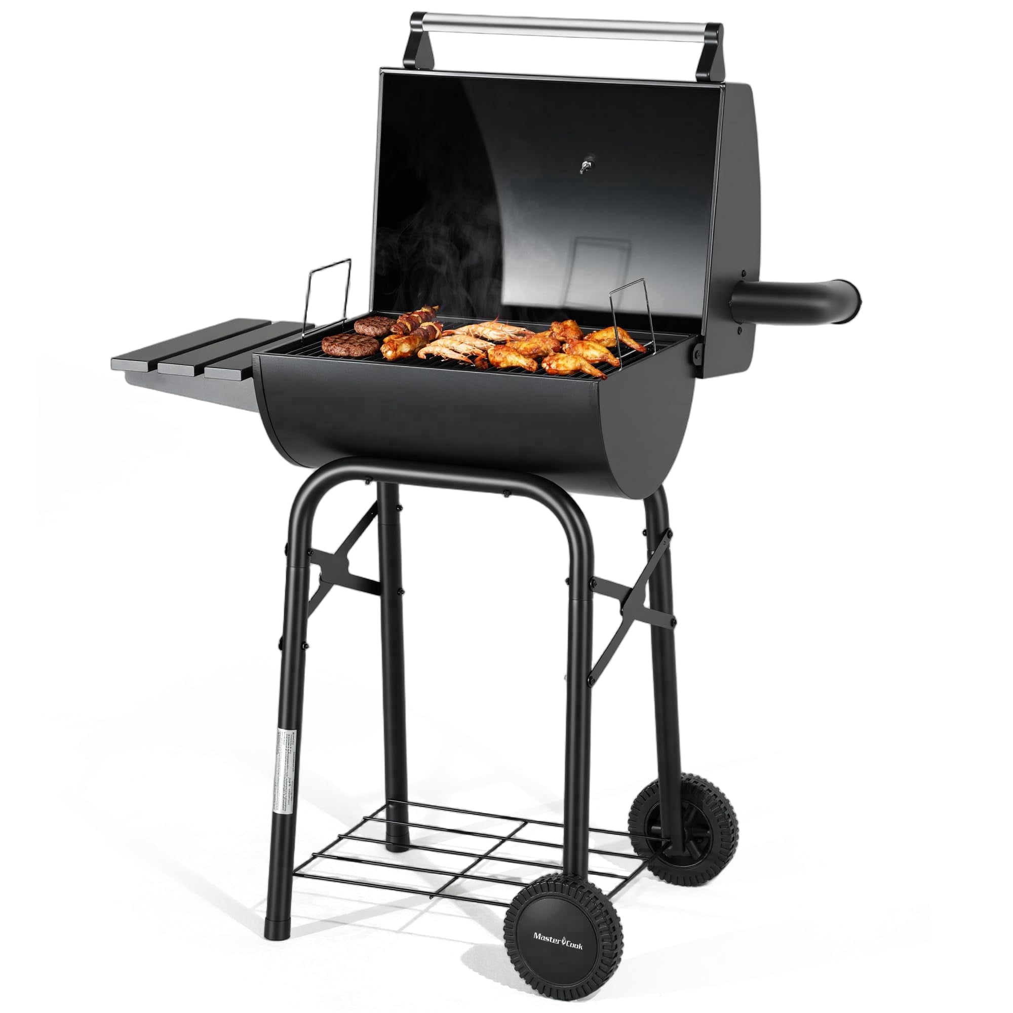 Master Cook Outdoor Barrel Charcoal Grill with Side Tables and Smoker (Black, 30 in) z33nm