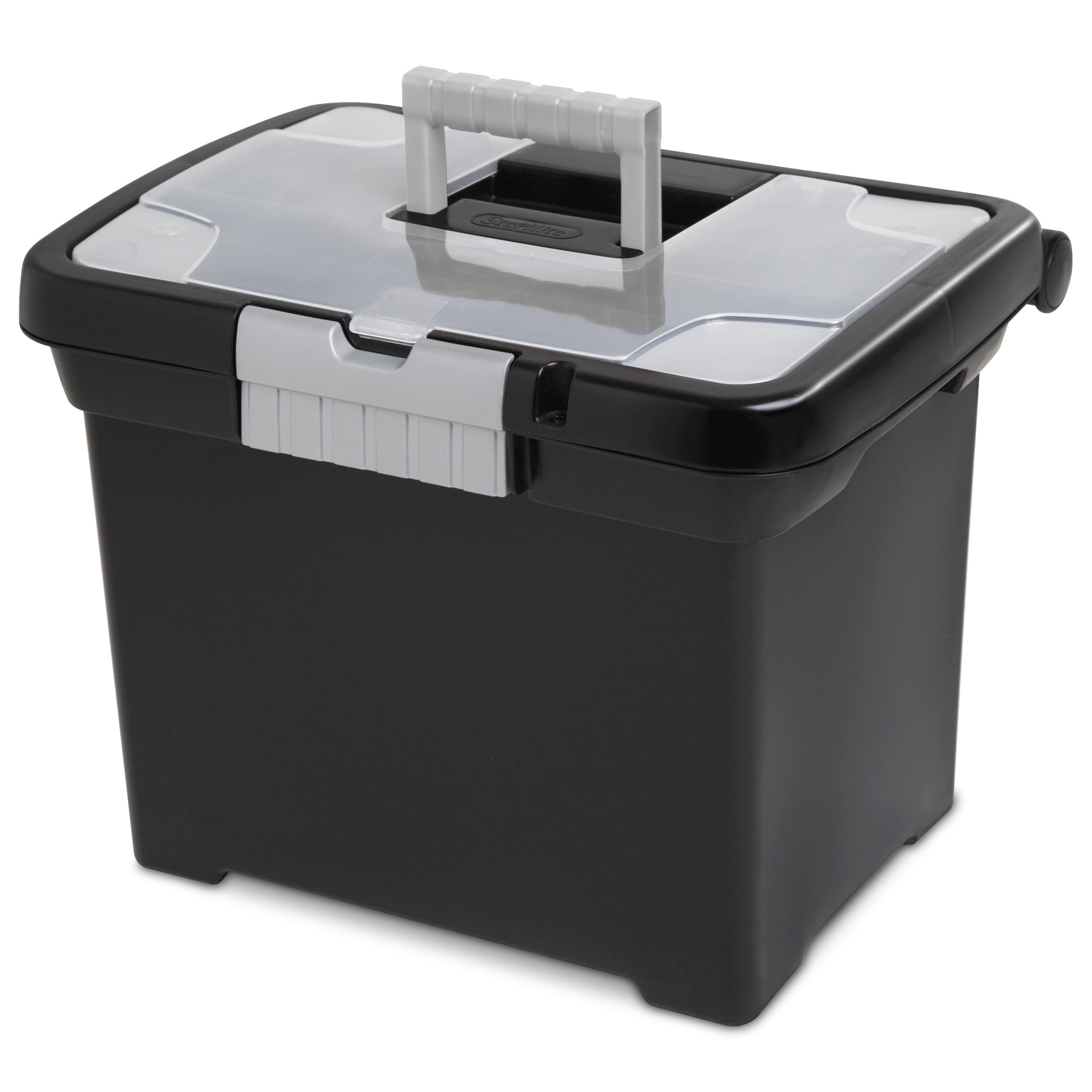Sterilite Portable File Box, Letter-Size Plastic Storage Organizer with Handle and Divided Lid (Black, 15 in x 10.875 in x 11.5 in) ch8xf