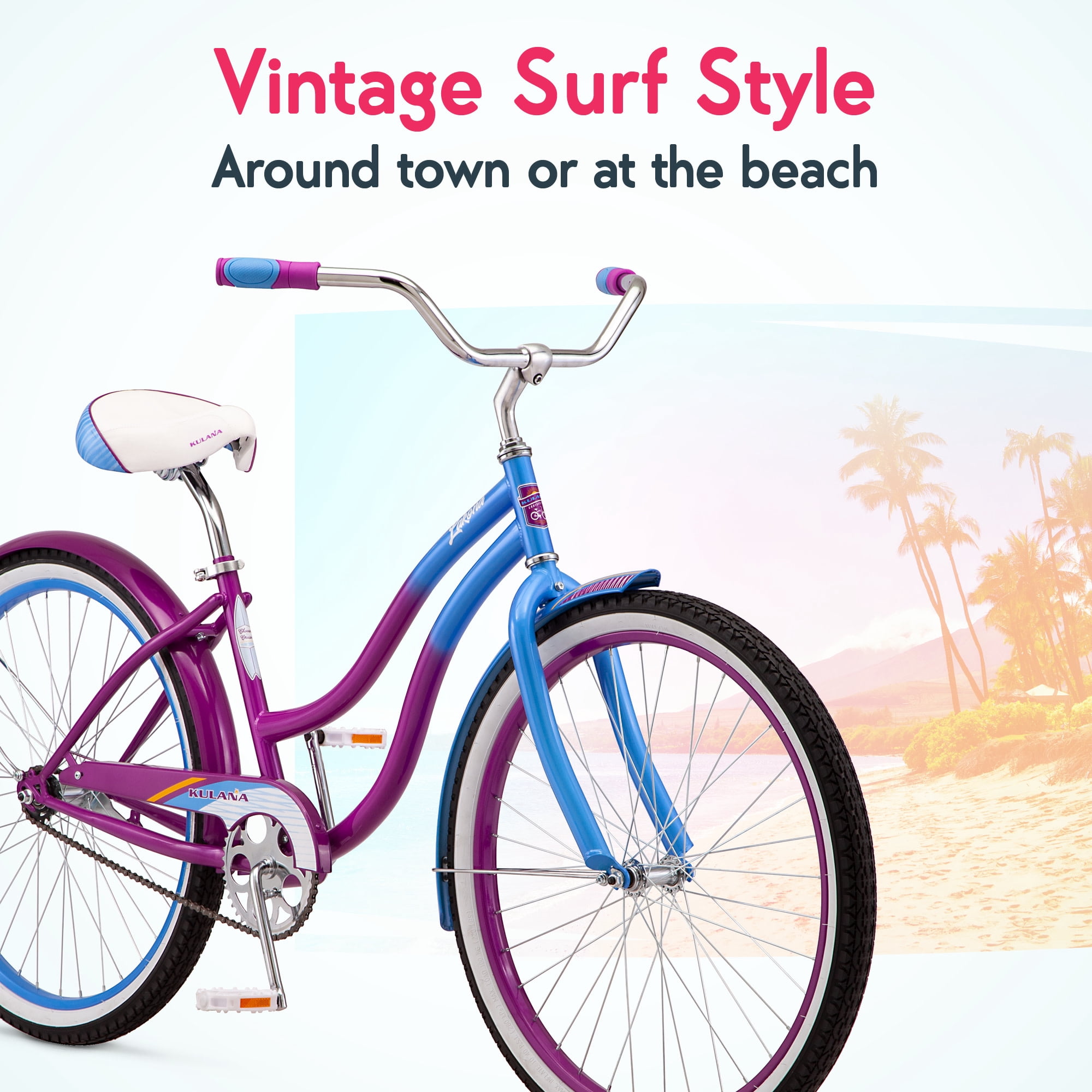 Kulana Lakona Shore Beach Cruiser Bike, Single Speed, Retro Steel Frame (Blue and Purple, 26 in) e3vnr