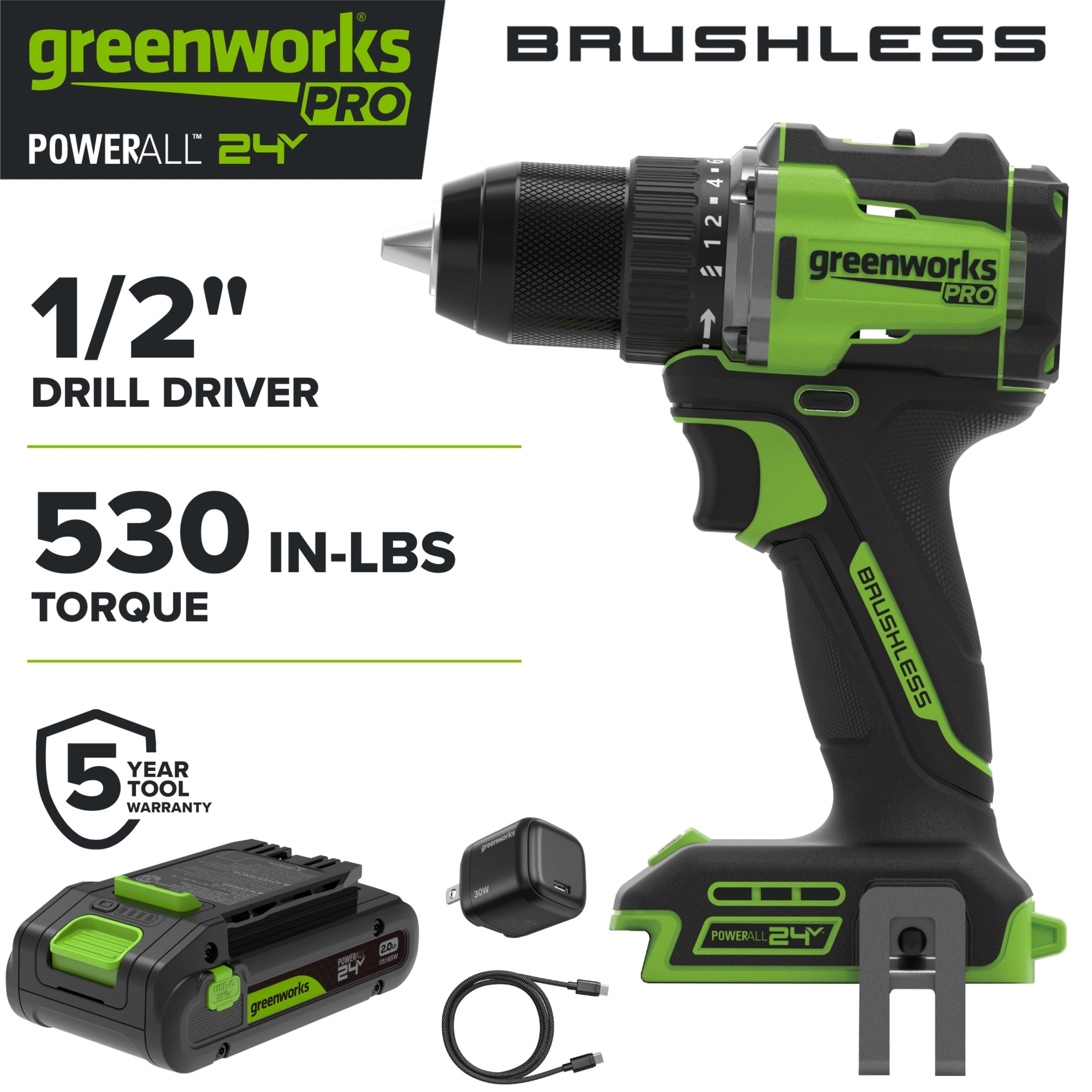 Greenworks Pro PowerAll 24V Brushless 1/2 in Drill Driver Kit (Black, 2.0 Ah Battery) s9yig