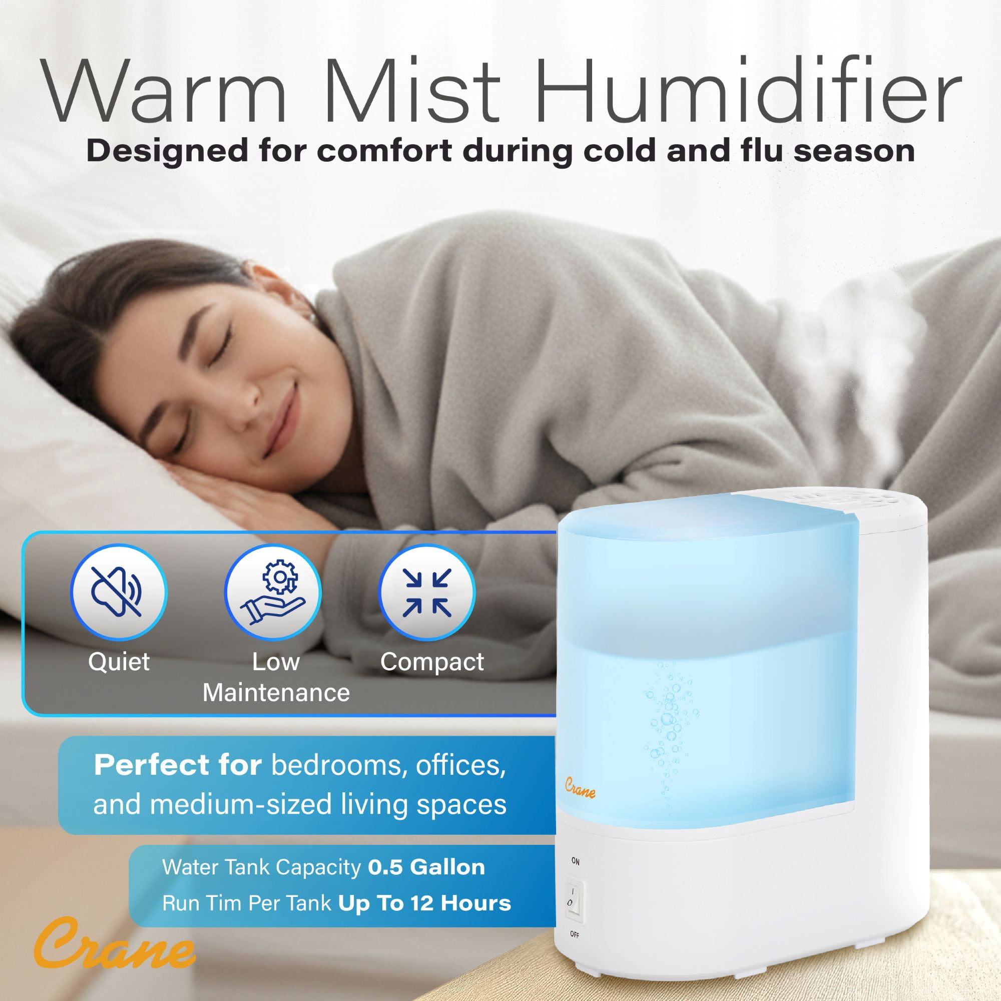 Crane Warm Mist Humidifier, Quiet Ultrasonic Steam Vaporizer for Bedroom and Home (Blue, 0.5 Gallon) h1px3