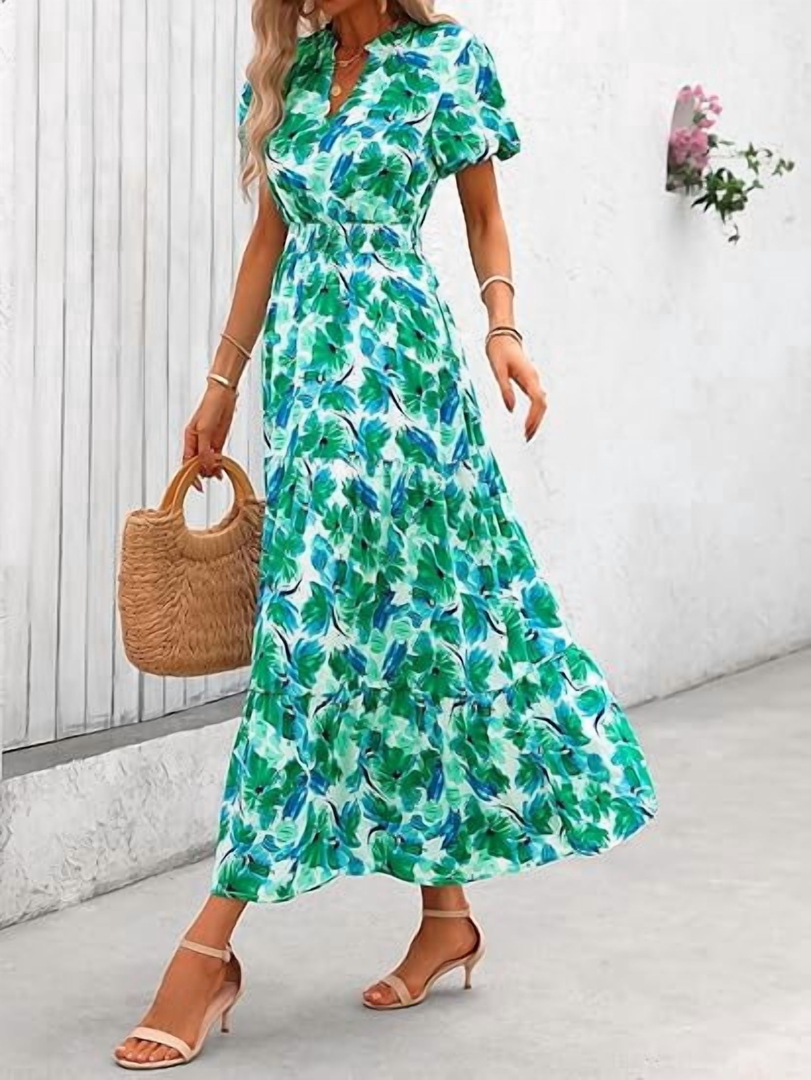 PRETTYGARDEN Women's Floral Maxi Dress V Neck Puff Sleeve Smocked Ruffle Flowy Boho Beach Dress (Green, XL) x0nsf
