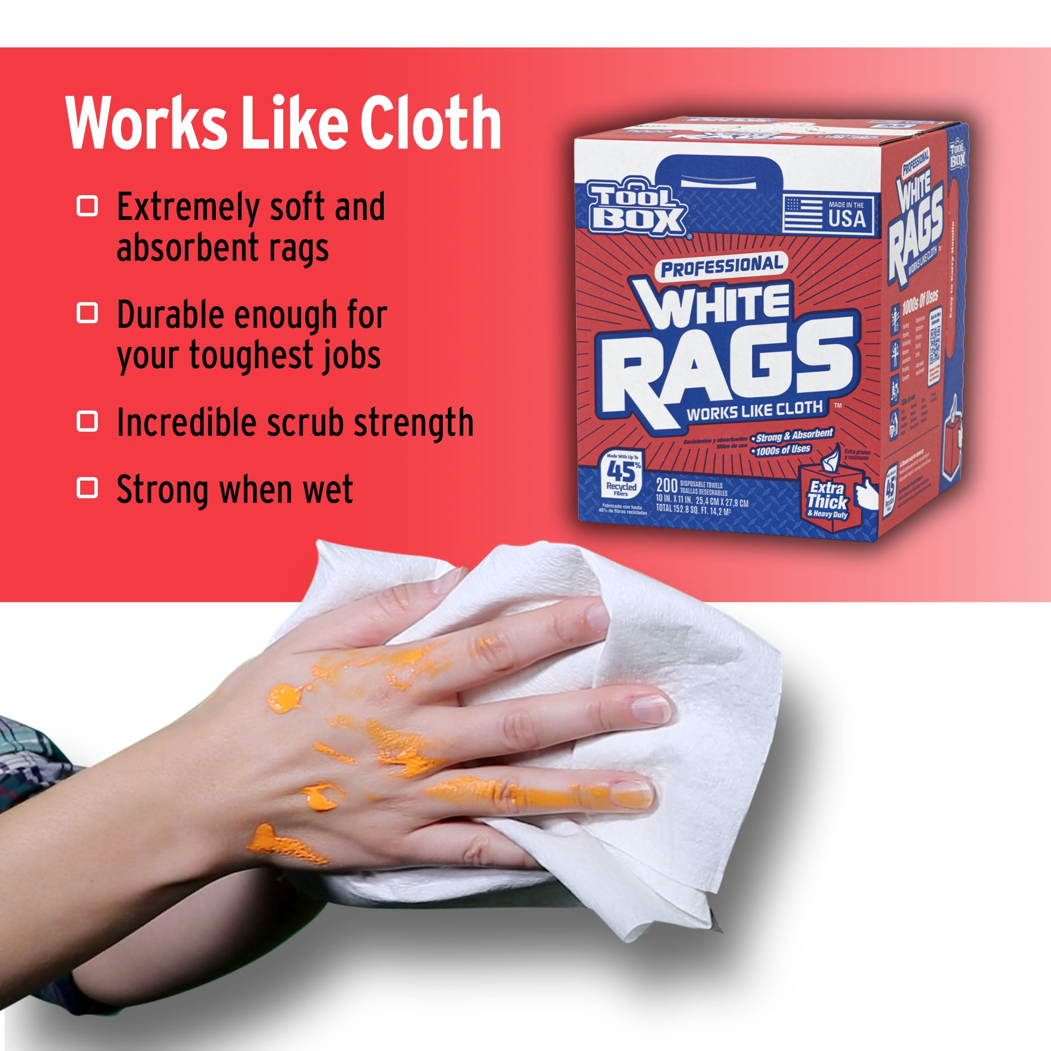 Sellars TOOLBOX Professional White Rags (Heavy-Duty Disposable Cleaning Cloths, 200 Sheets, 10 in x 11 in) yuj9u