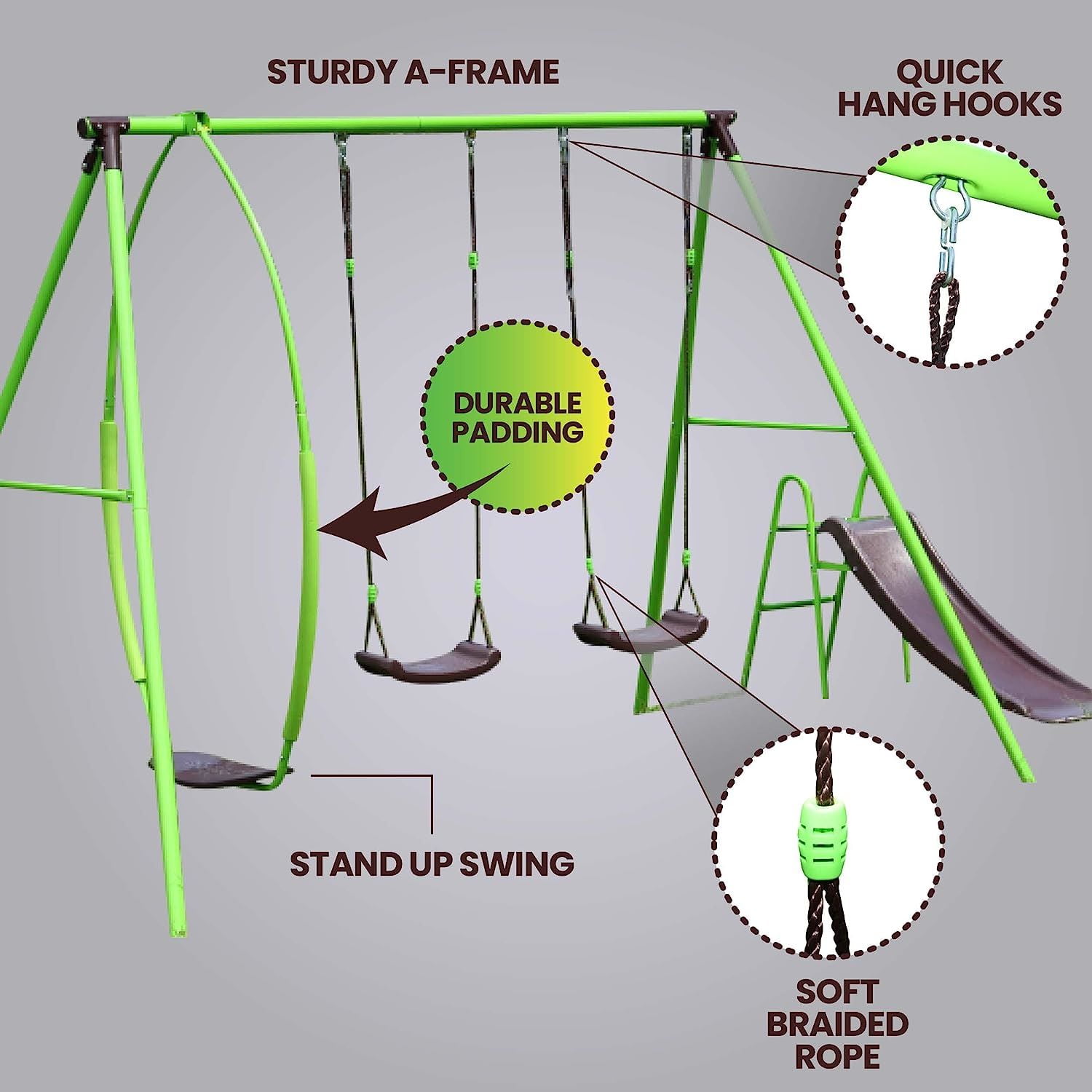 Swurfer Steel Triple A-Frame Swing Set with Slide and Multiple Swings (Green, 1 Set) 79nkz