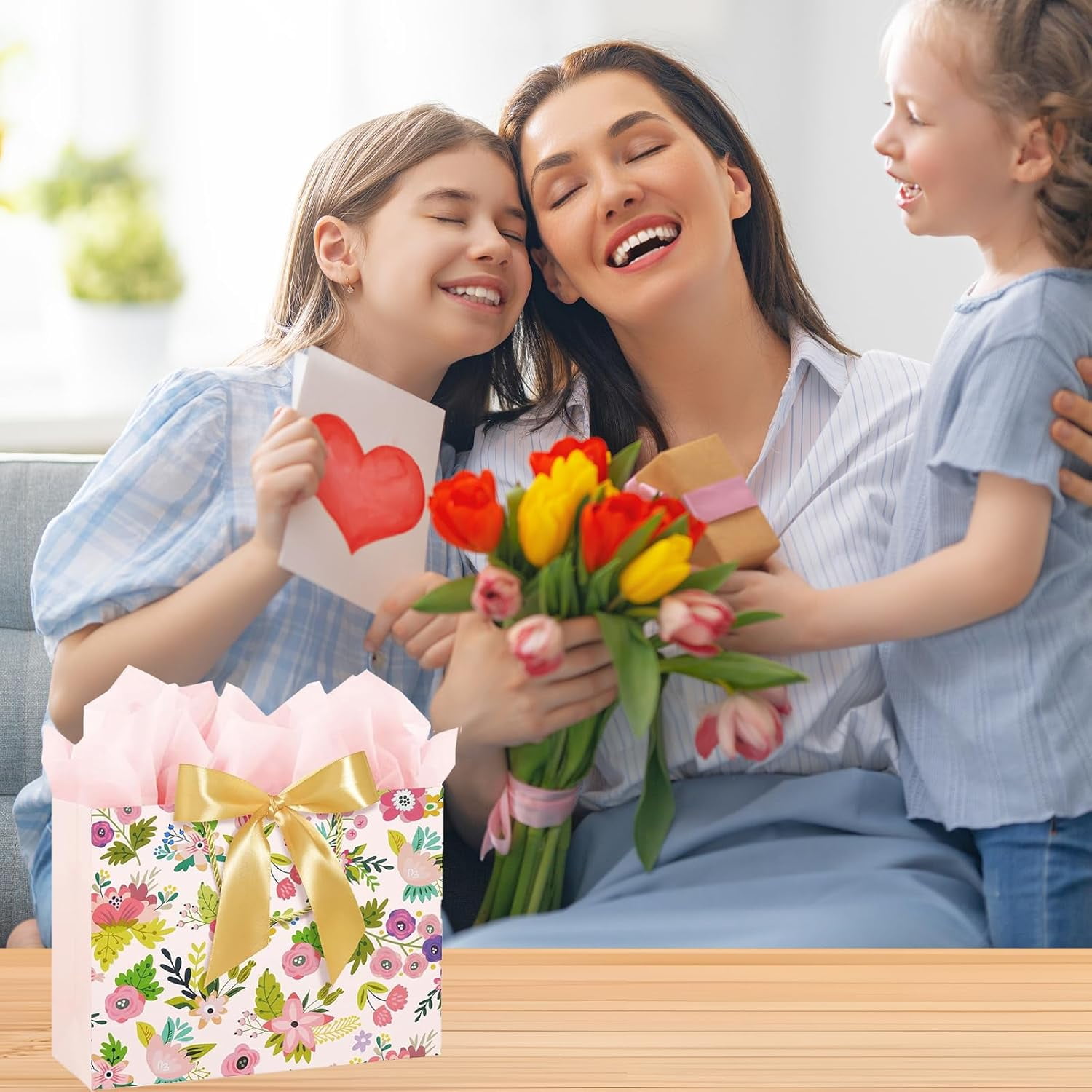 LW Pink Birthday Gift Bag Set with Tissue Paper and Greeting Cards (Floral Design, Medium, 2 Pack) 45zc4