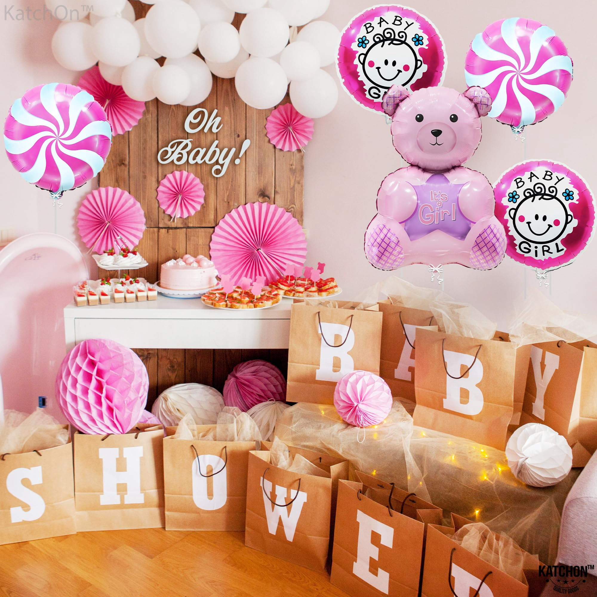 Katchon Teddy Bear Baby Shower Balloons, Its a Girl Party Decorations (Pink, 5 Pack) g175n
