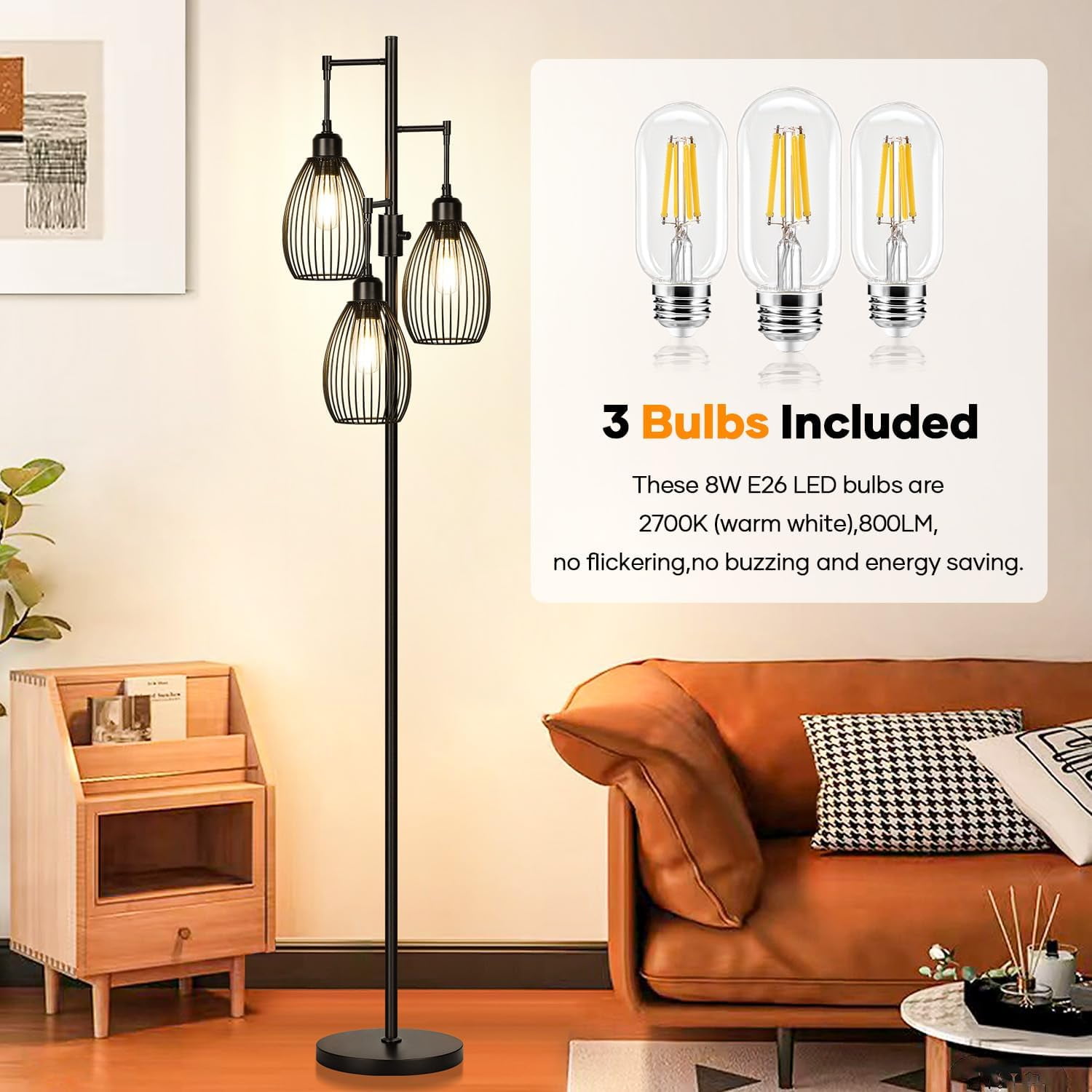 Generic Dimmable Industrial Floor Lamp, Farmhouse Tree Standing Light with 3 Teardrop Cages, Stepless Dimming (Black, 68 in) dg5ts